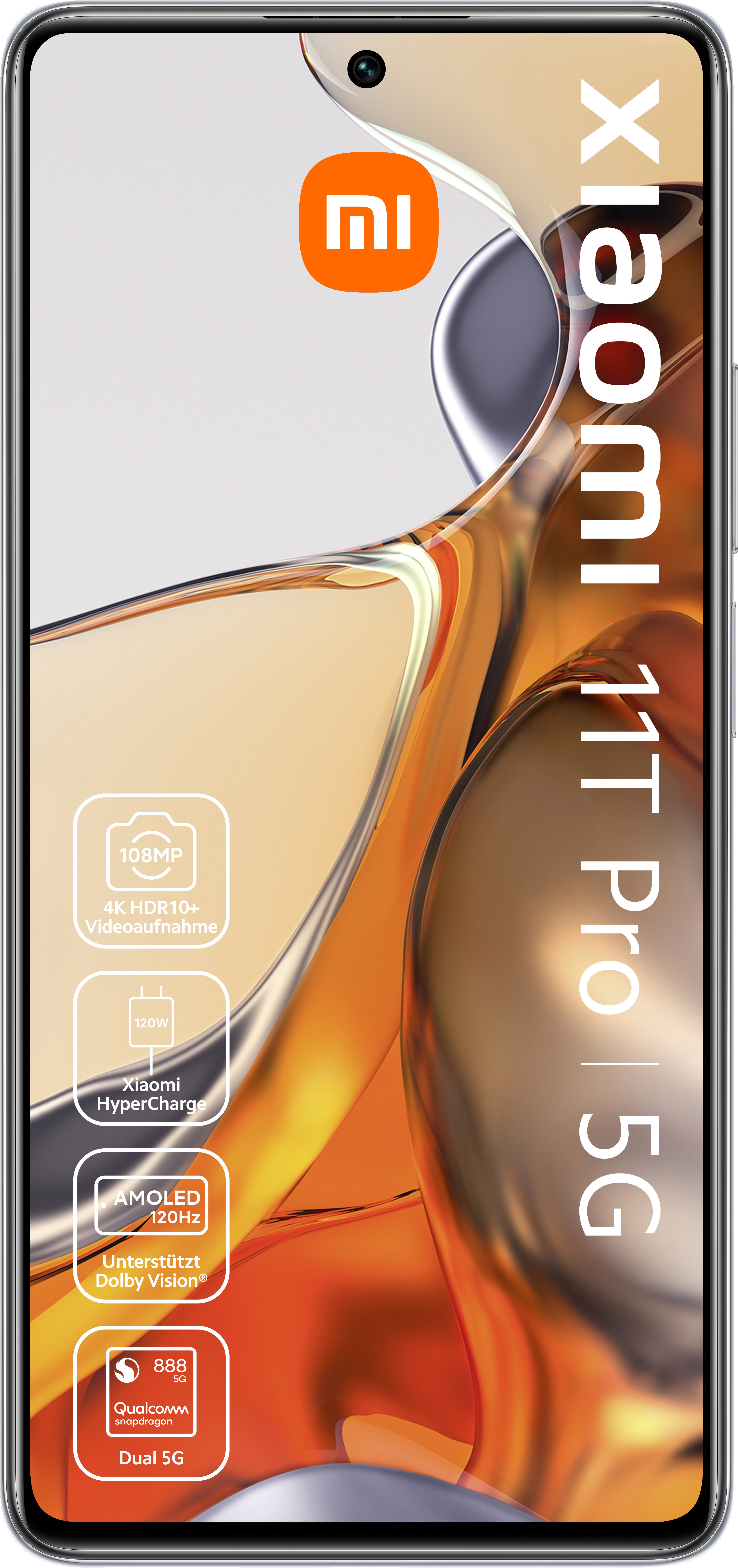 Xiaomi 11T Pro 5G-Telefon mit Symbolen. Es hat einen orange-braunen Hintergrund.