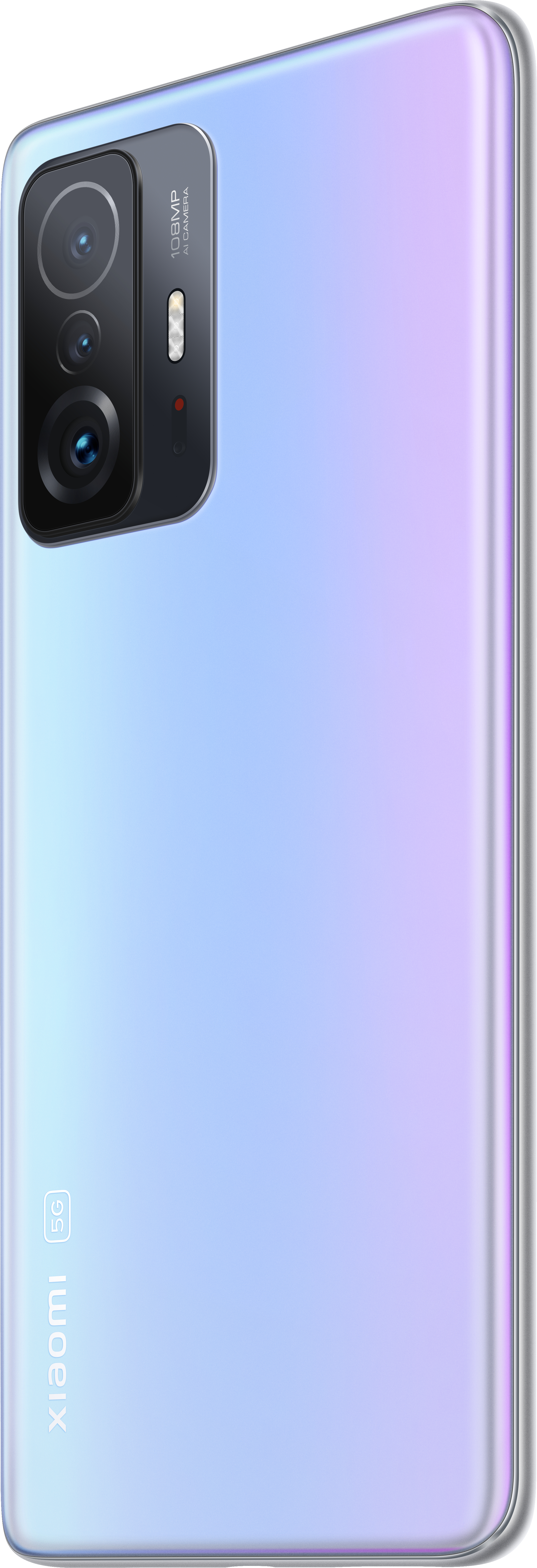 Blau-violetter Smartphone-Farbverlauf, mit Kameraanordnung sichtbar, schräge Ansicht.