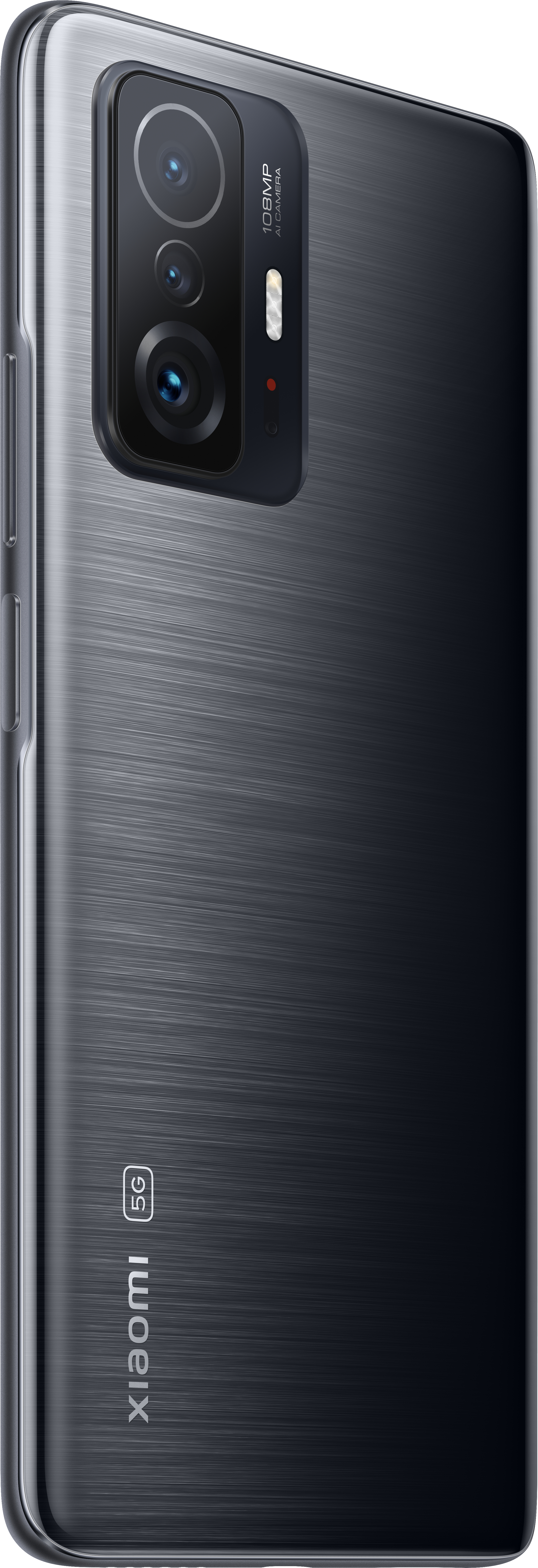 Dunkelgraues Telefon seitlich angewinkelt. Rückseite mit Kamera und Xiaomi-Logo.