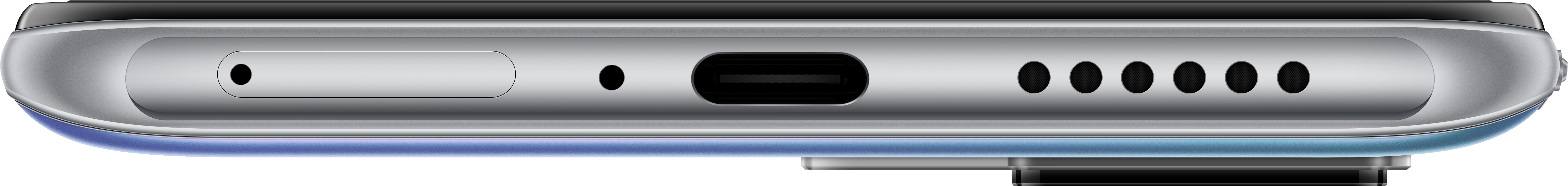 Nahaufnahme der Unterseite eines Smartphones mit USB-C-Anschluss, Lautsprecherlöchern und Mikrofon.