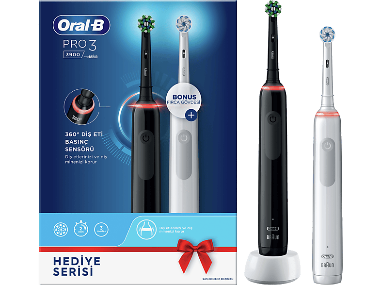 ORAL B Pro 3900 Şarjlı Diş Fırçası 2'li Avantaj Paketi Siyah&Beyaz