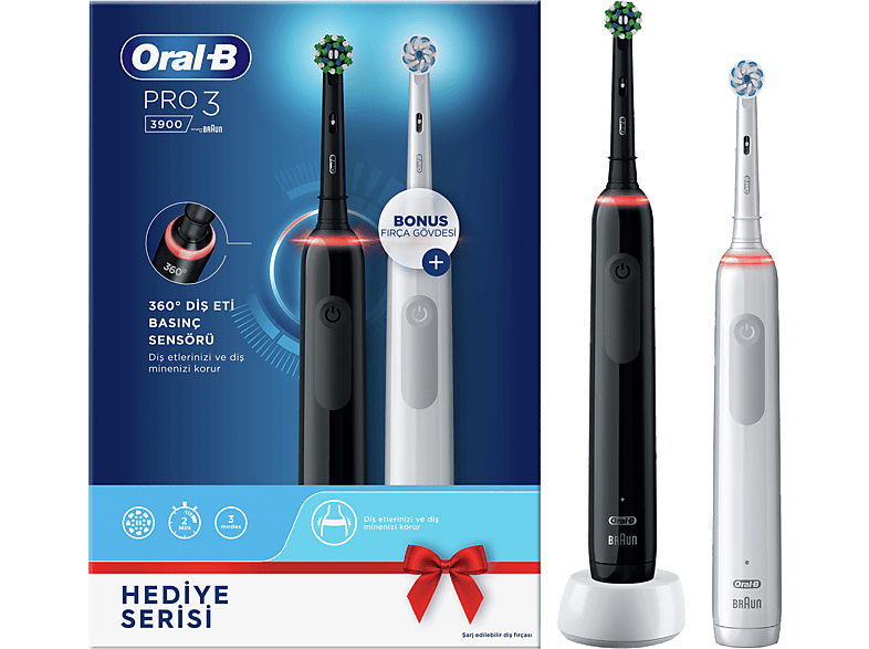 ORAL B Pro 3900 Şarjlı Diş Fırçası 2'li Avantaj Paketi Siyah&Beyaz_0