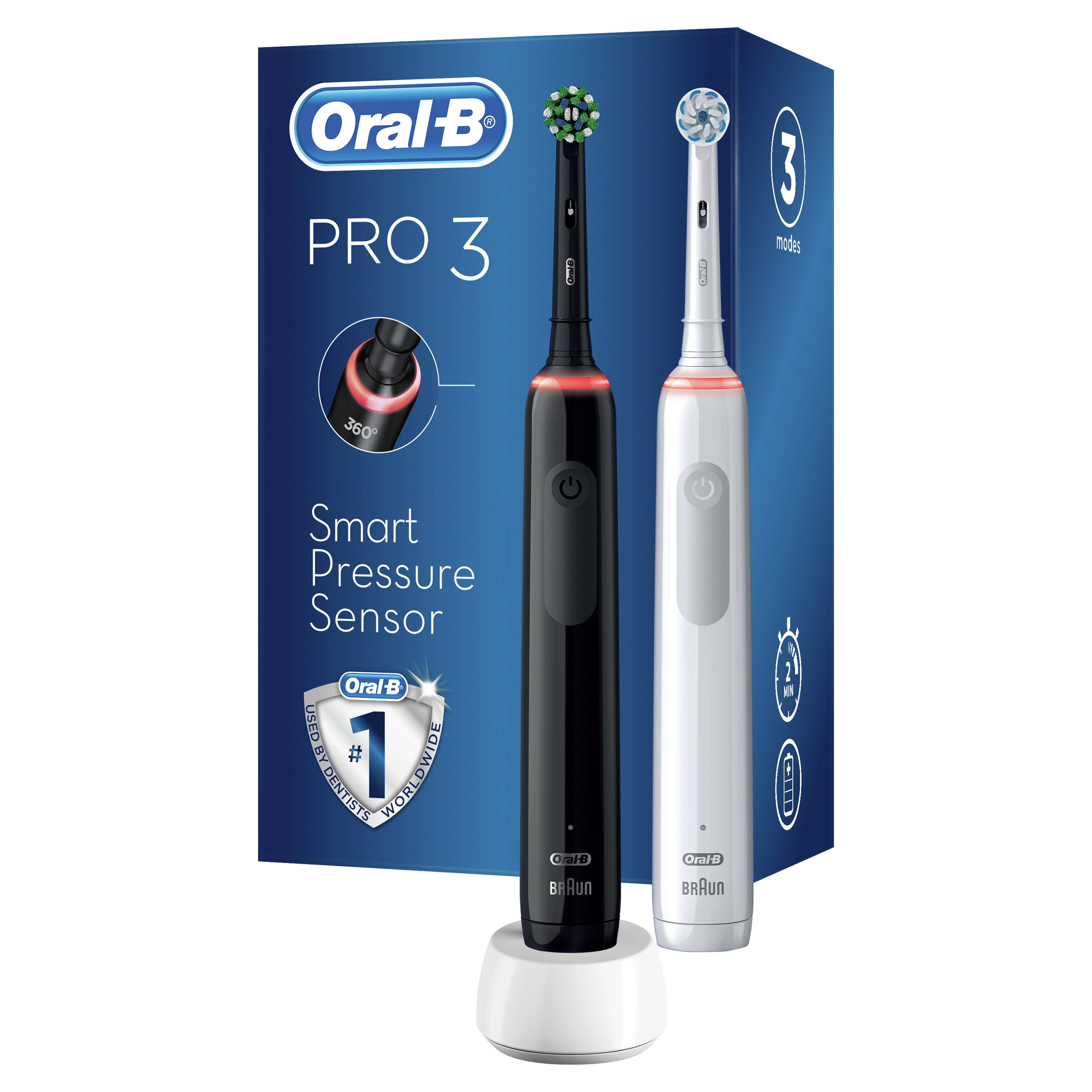 Oral-B Pro 3 elektrikli diş fırçaları, siyah ve beyaz, şarj tabanı ve kutu ile.