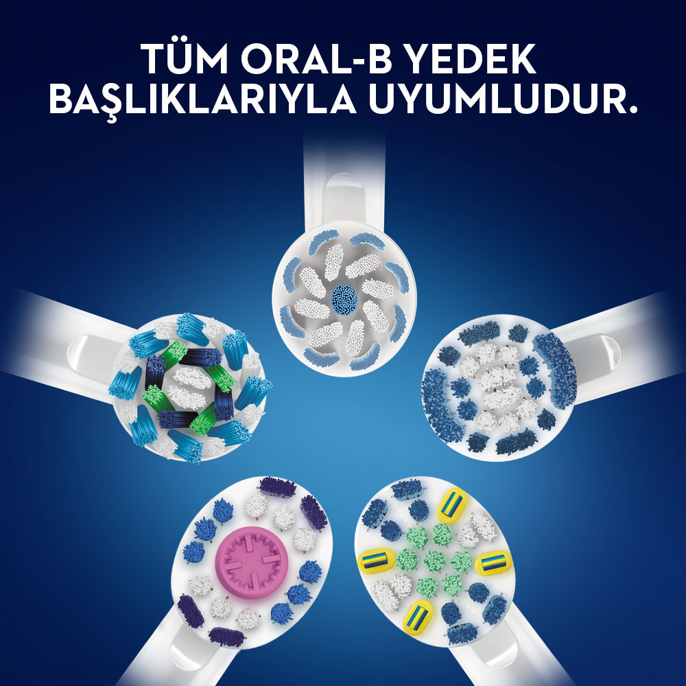Mavi ve beyaz kıllı beş farklı Oral-B diş fırçası başlığı.