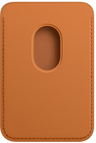 A tan leather Apple MagSafe wallet with an oval cutout for card viewing.