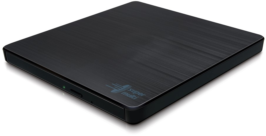 Schwarzes externes DVD-Laufwerk, Draufsicht. Es hat eine elegante, gebürstete Metallstruktur.