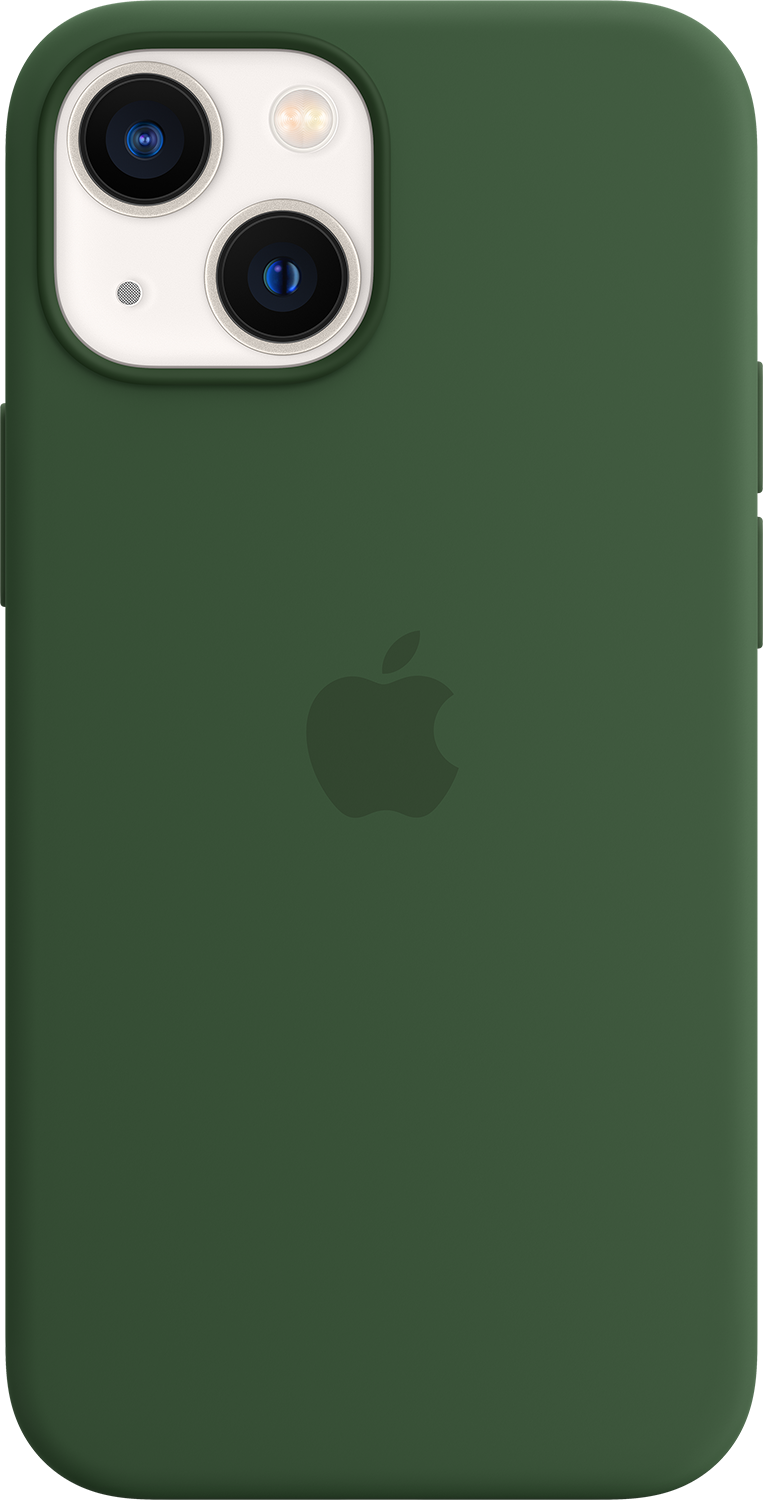 Green iPhone 13 case on a white background. Apple logo is visible.