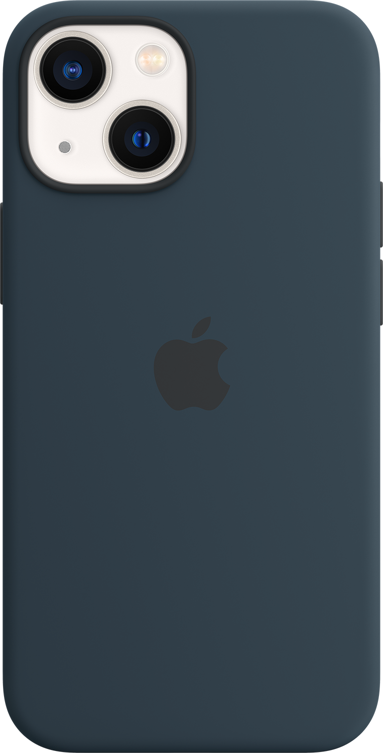 Donkerblauwe telefoonhoes met een Apple-logo. De hoes bedekt de achterkant van een telefoon.