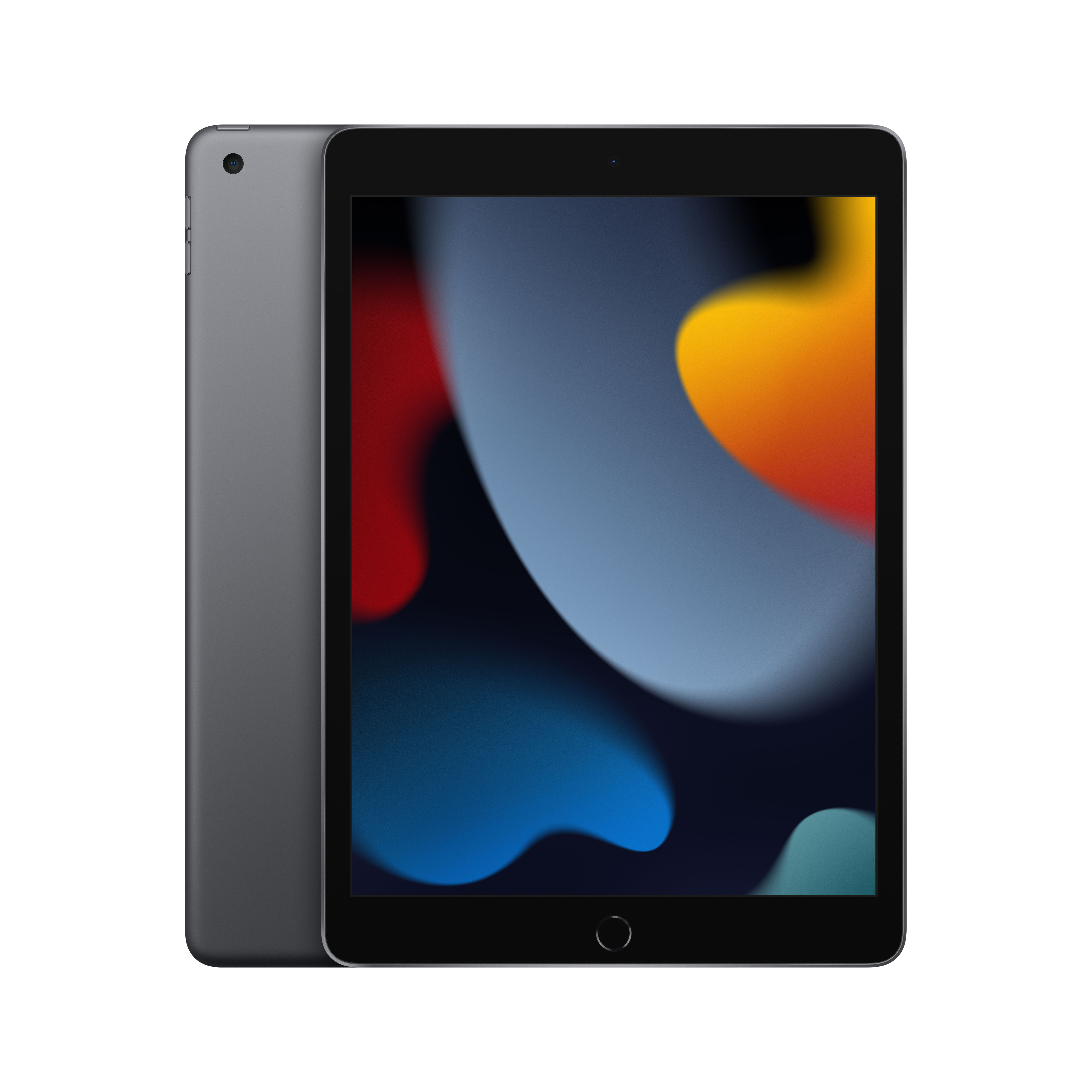 Un iPad con una pantalla negra que muestra formas coloridas; la parte trasera es gris.