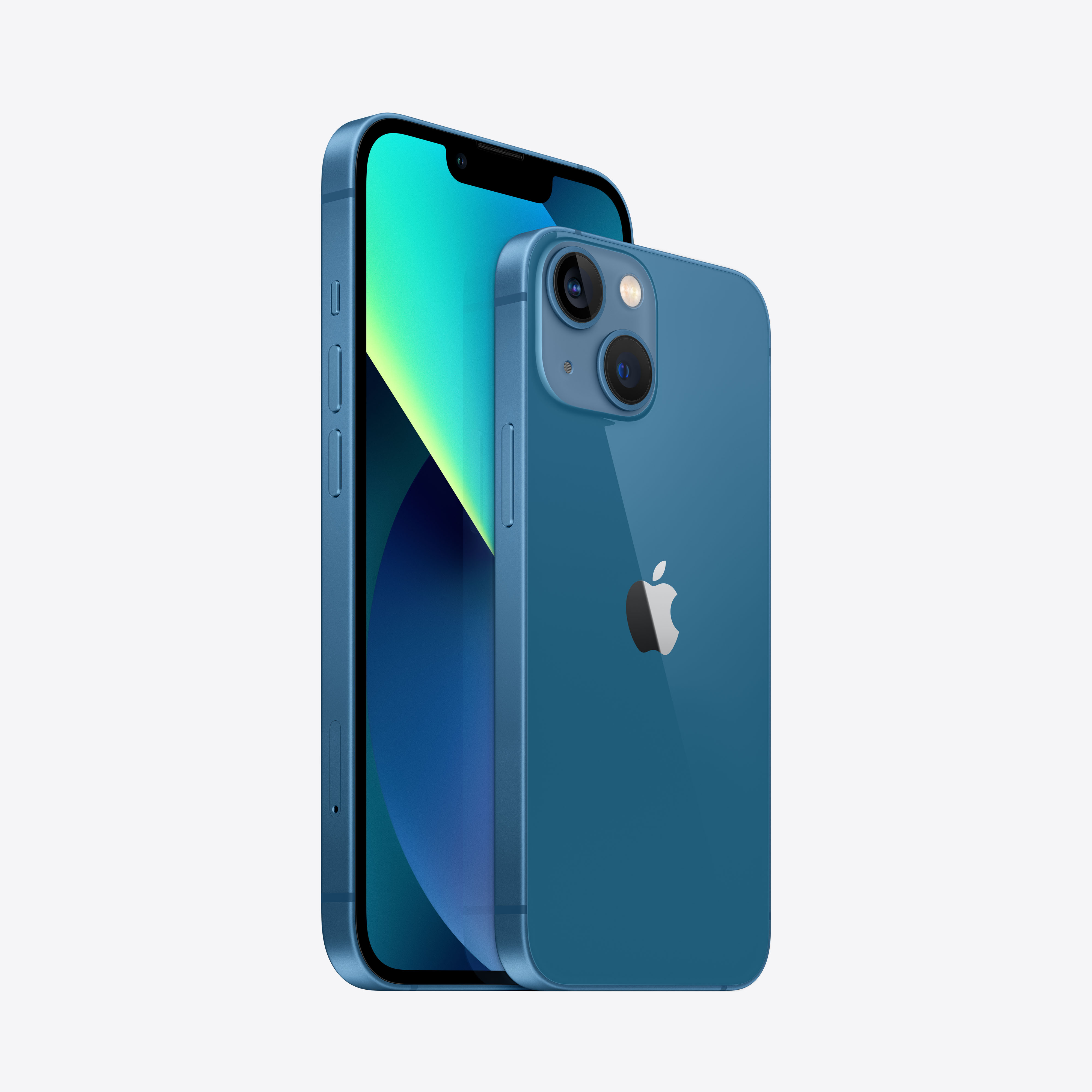 iPhone blu accanto a un altro iPhone blu. Entrambi i telefoni sono rivolti verso destra.