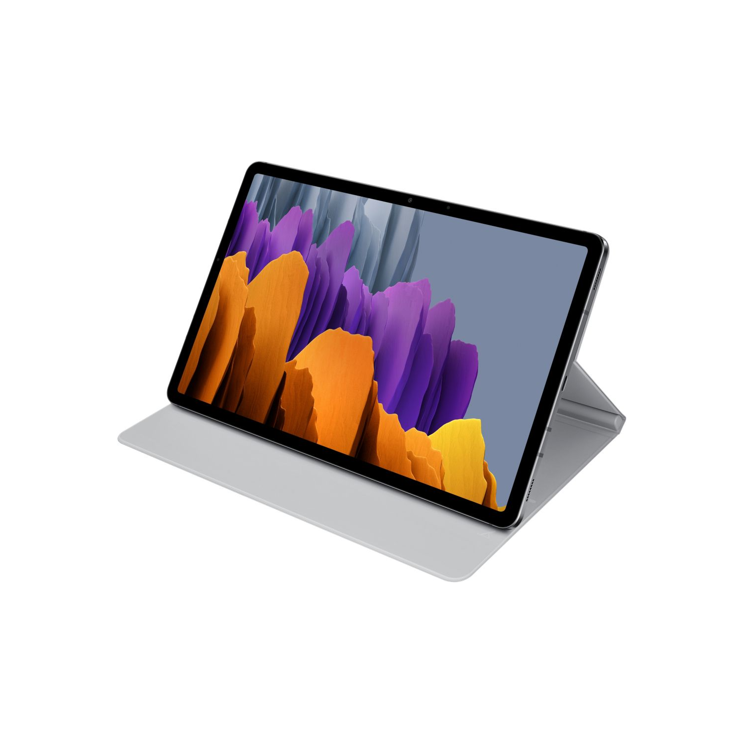 Tableta sobre un soporte con una pantalla vibrante que muestra colores abstractos.