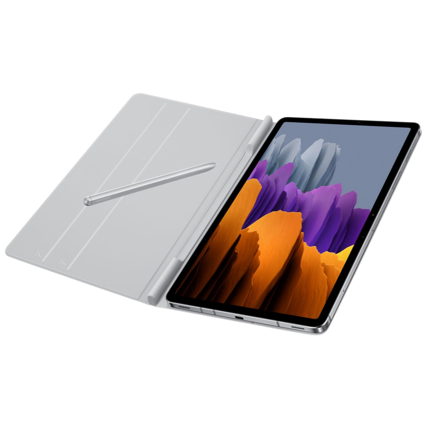 Tableta con lápiz sobre superficie gris claro. La pantalla muestra una imagen abstracta y colorida.