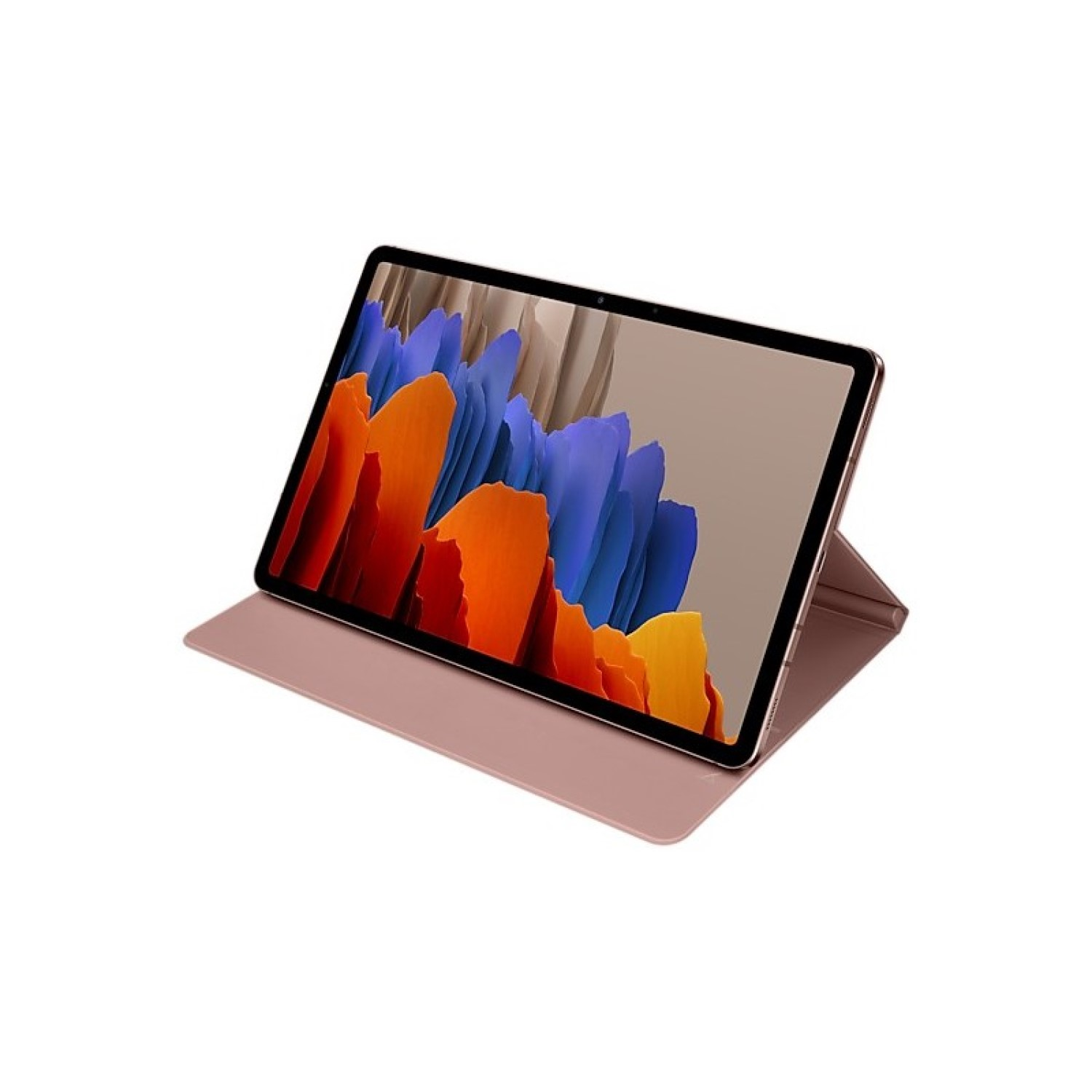Tableta con funda. La pantalla muestra arte abstracto colorido. La funda está abierta.