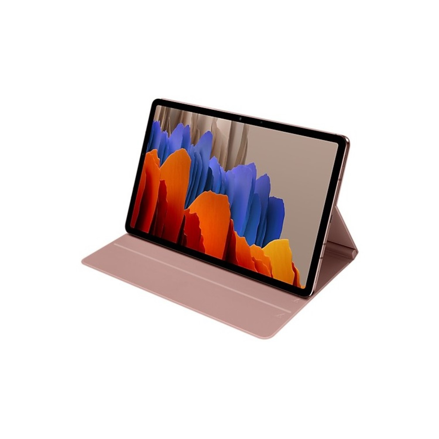 Una tableta color rosa con funda, mostrando una imagen abstracta colorida.