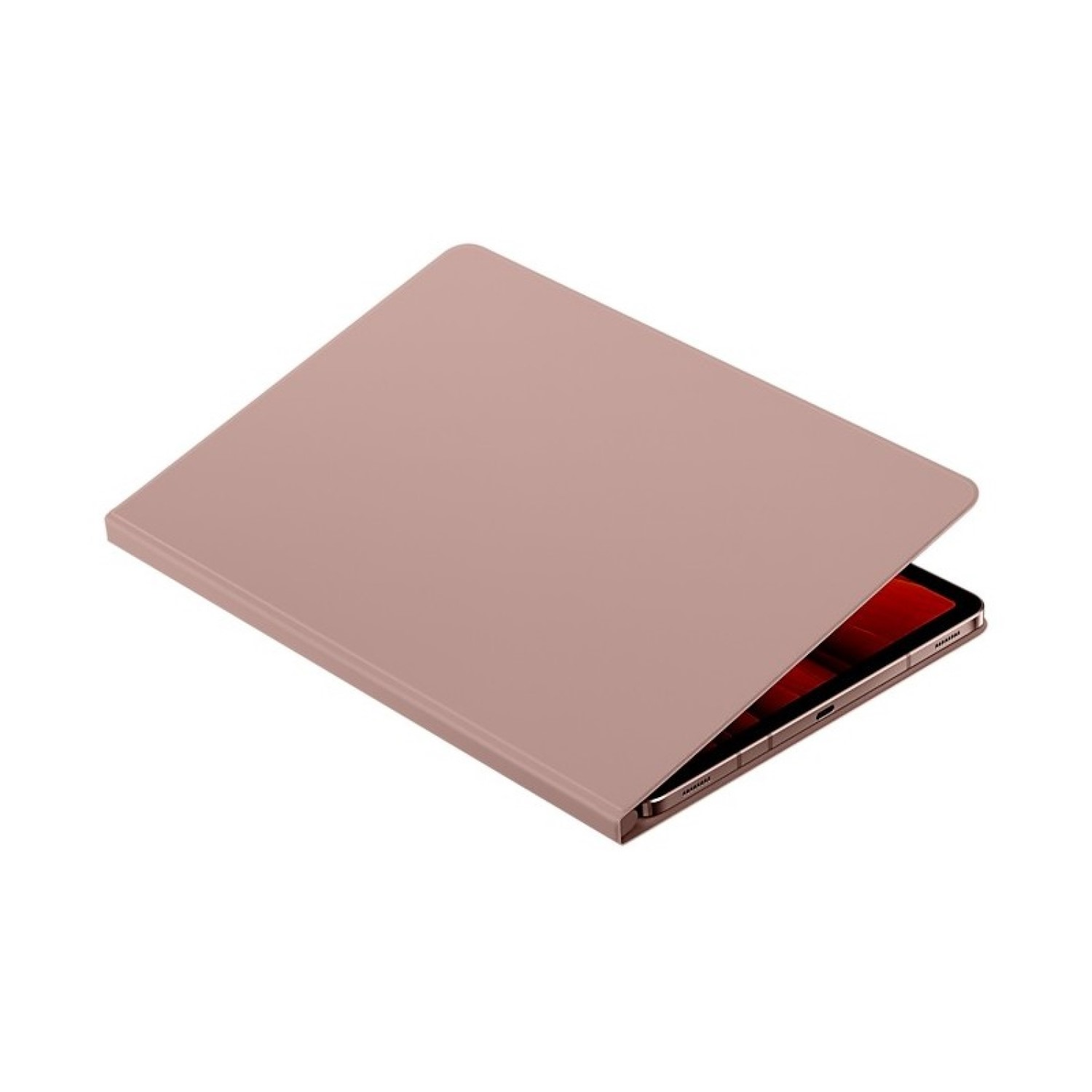 Funda de tableta oro rosa, parcialmente abierta, mostrando una pantalla negra.