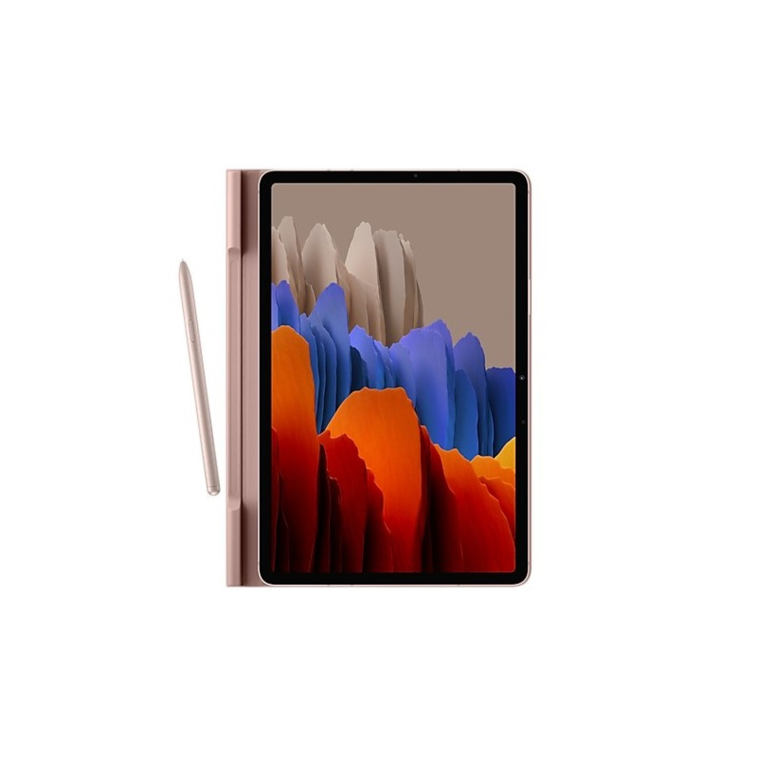 Una tableta con una cubierta rosa se muestra con un lápiz óptico. La pantalla muestra formas abstractas coloridas.