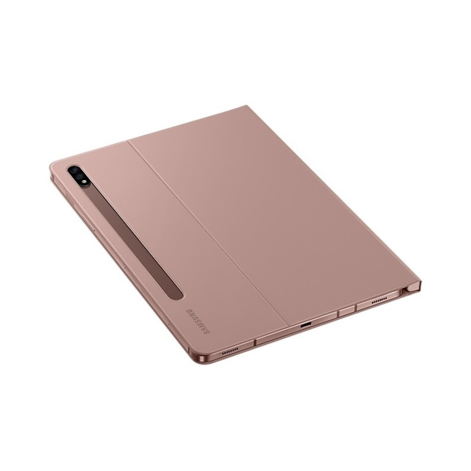 Una funda de tableta de color rosa, cerrada, con el logotipo de Samsung.