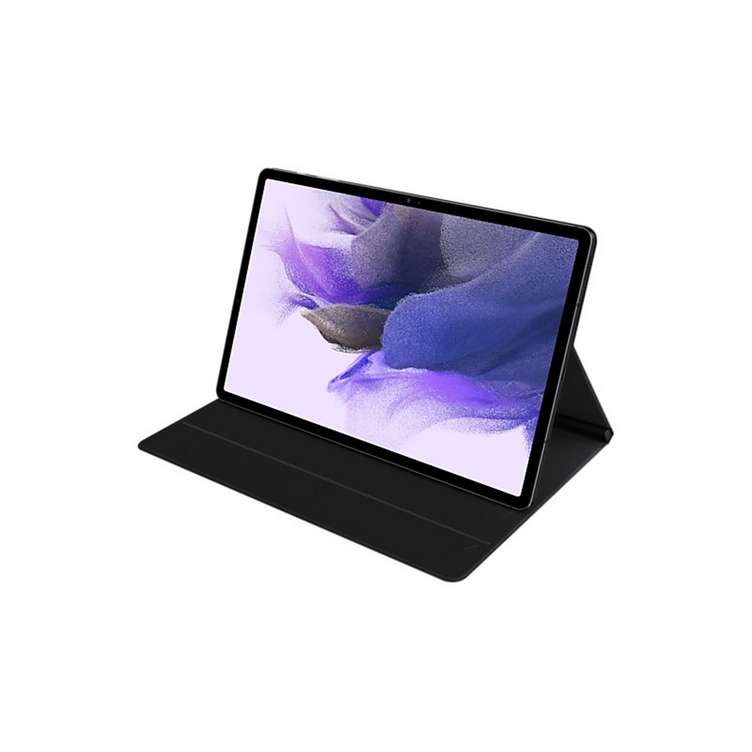 Tableta Samsung negra con una funda negra. La tableta está sobre un soporte, pantalla visible.