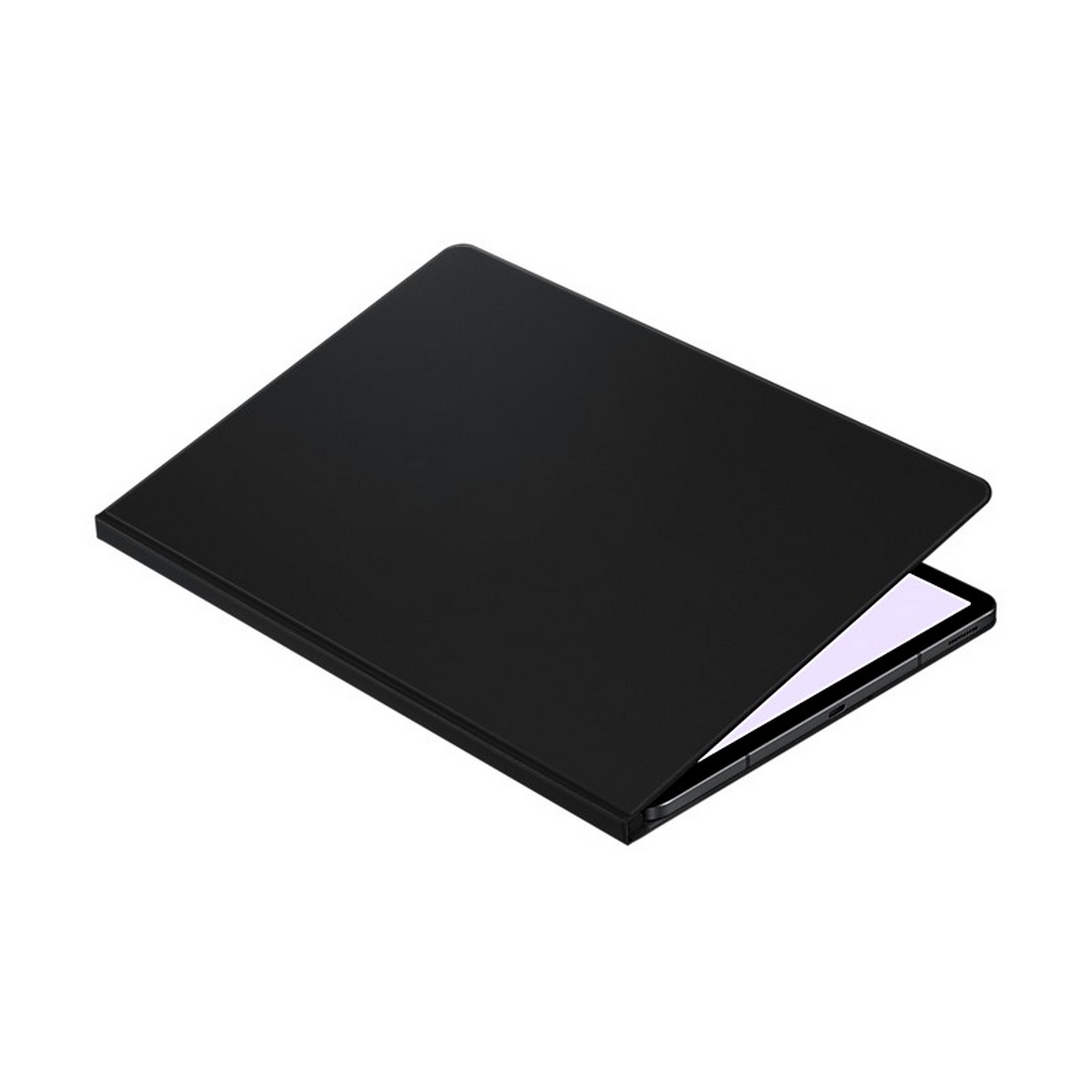 Una funda negra para iPad, cerrada, ligeramente inclinada para revelar una pantalla blanca en su interior.
