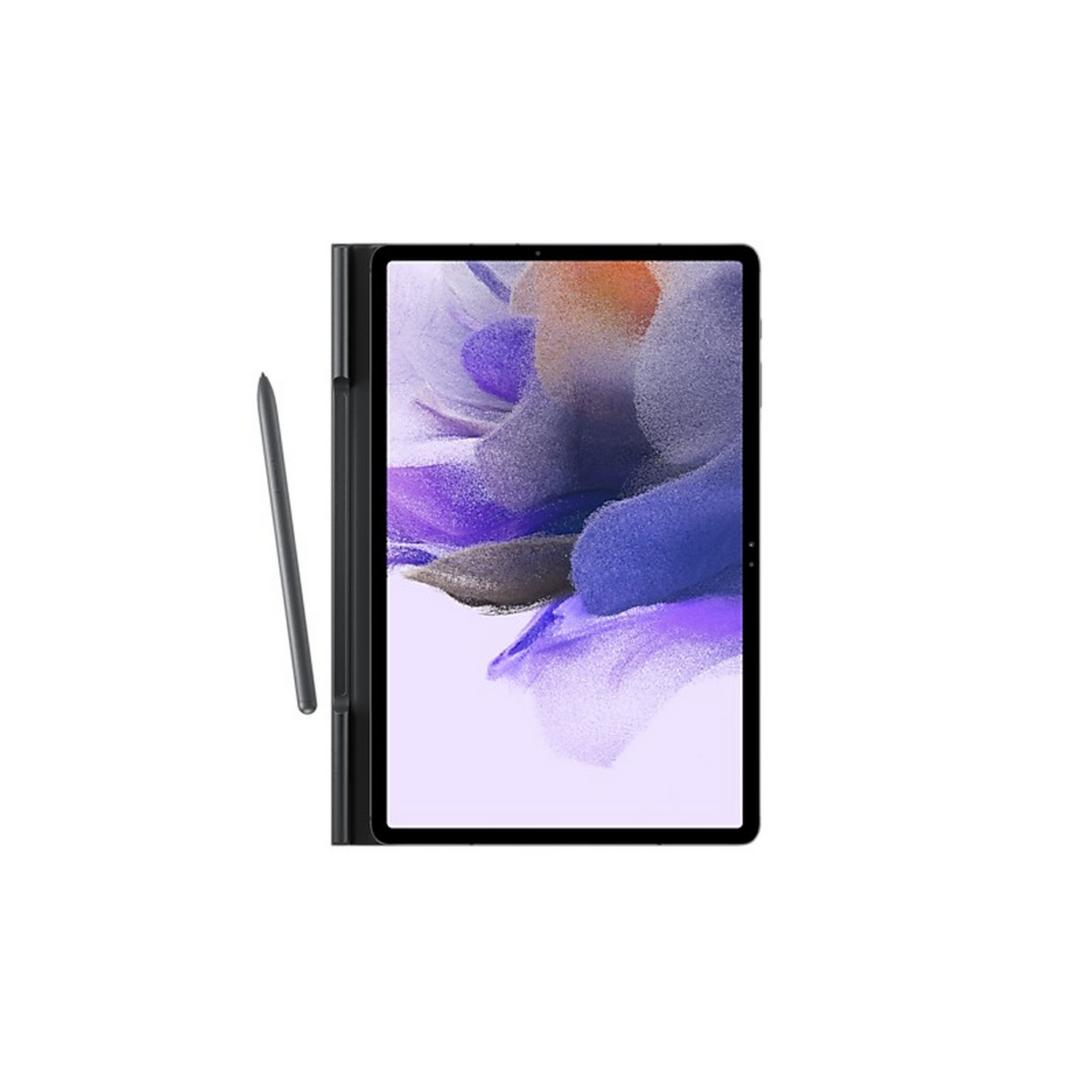Una tableta con un lápiz. La pantalla muestra un diseño abstracto colorido. Está en una funda negra.