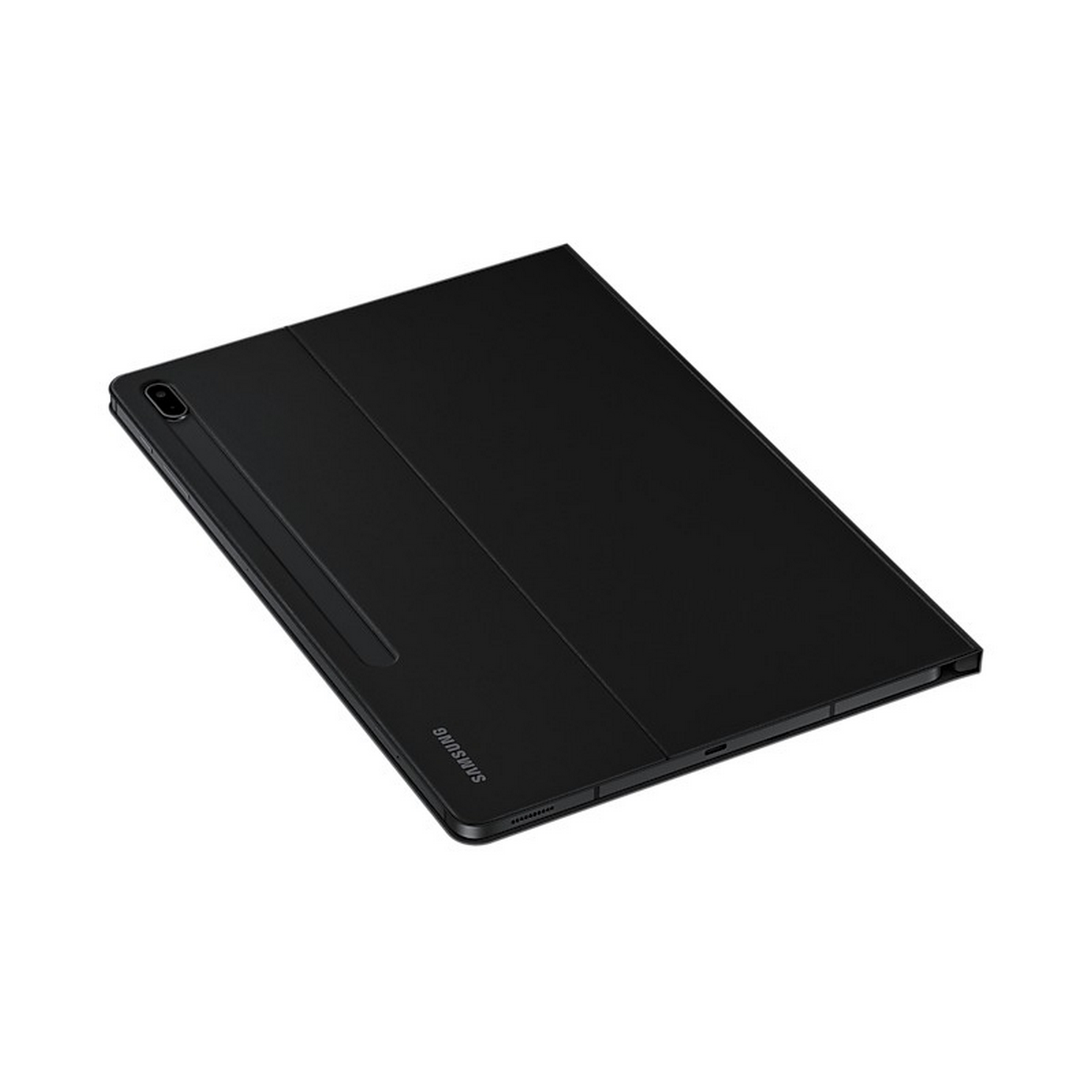 Una funda negra para tableta con el logo de Samsung, en ángulo sobre fondo blanco.