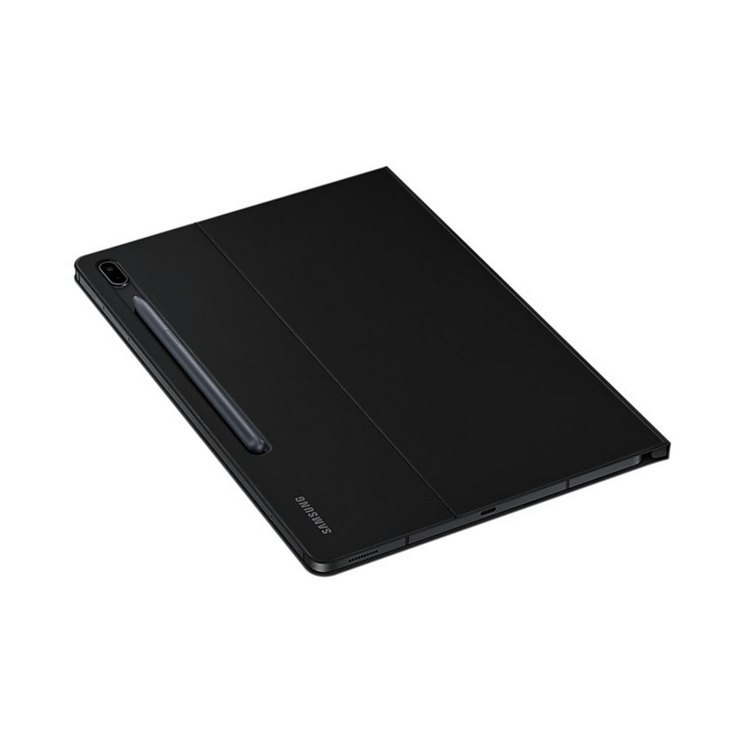 Tableta Samsung negra con funda negra y lápiz óptico. Fondo blanco.