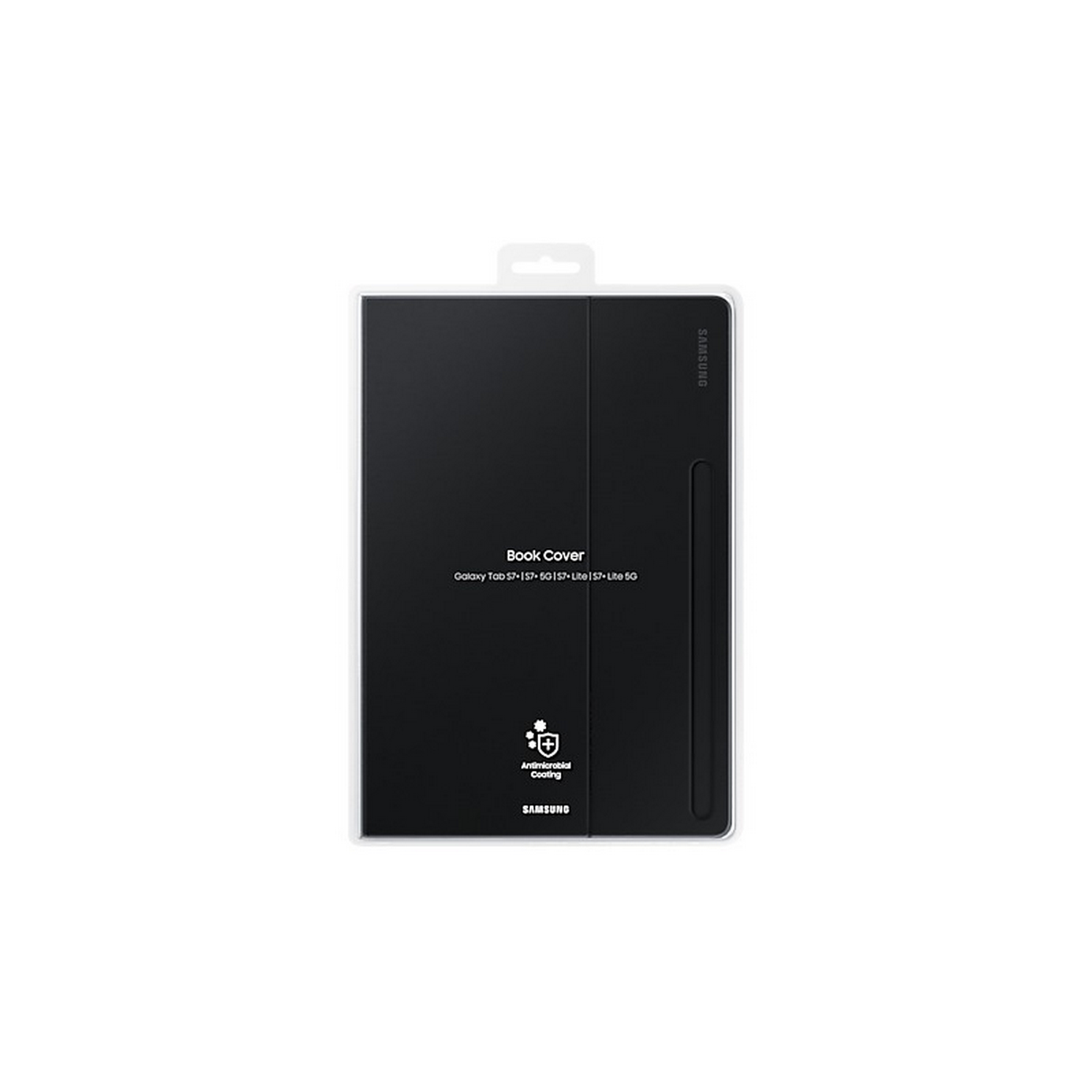 Funda tipo libro negra para tableta Samsung en embalaje, con ranura para bolígrafo y etiqueta de recubrimiento antimicrobiano.
