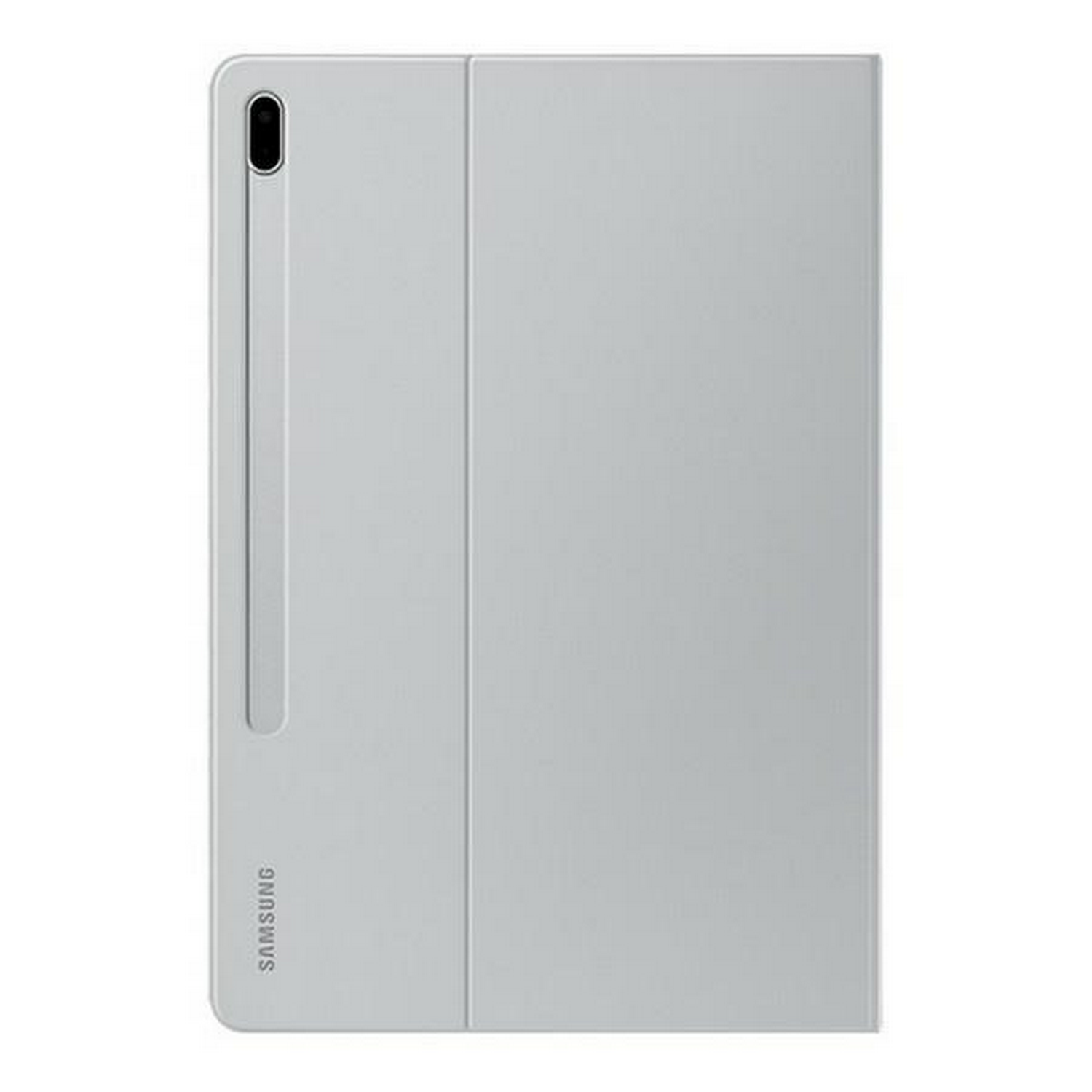 Funda de tableta gris claro. Tiene un portalápices y el logo de Samsung.