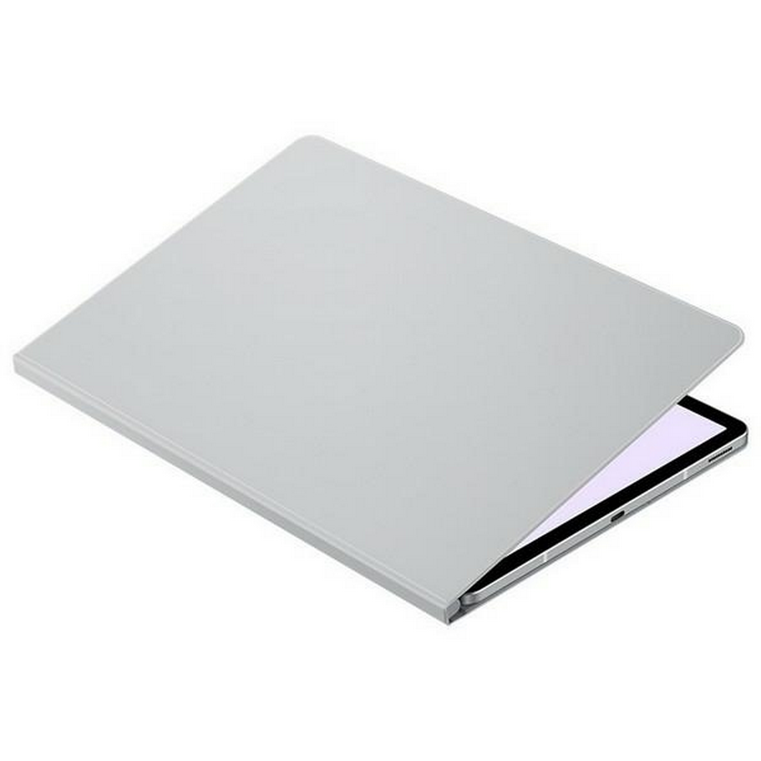 Una funda de tableta gris claro se abre para revelar una tableta. La funda está sobre un fondo blanco.