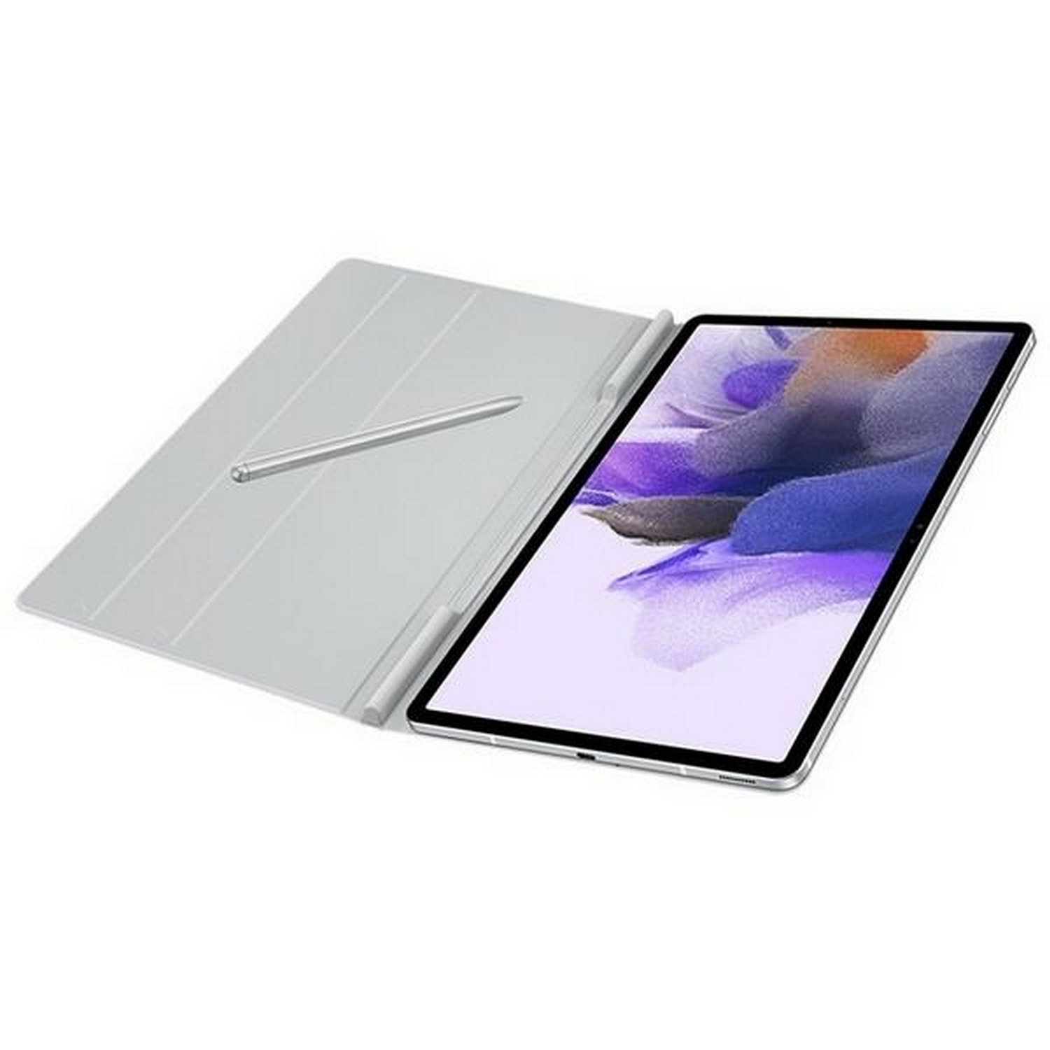Tableta abierta con lápiz, sobre cubierta gris. Pantalla muestra morado y blanco.