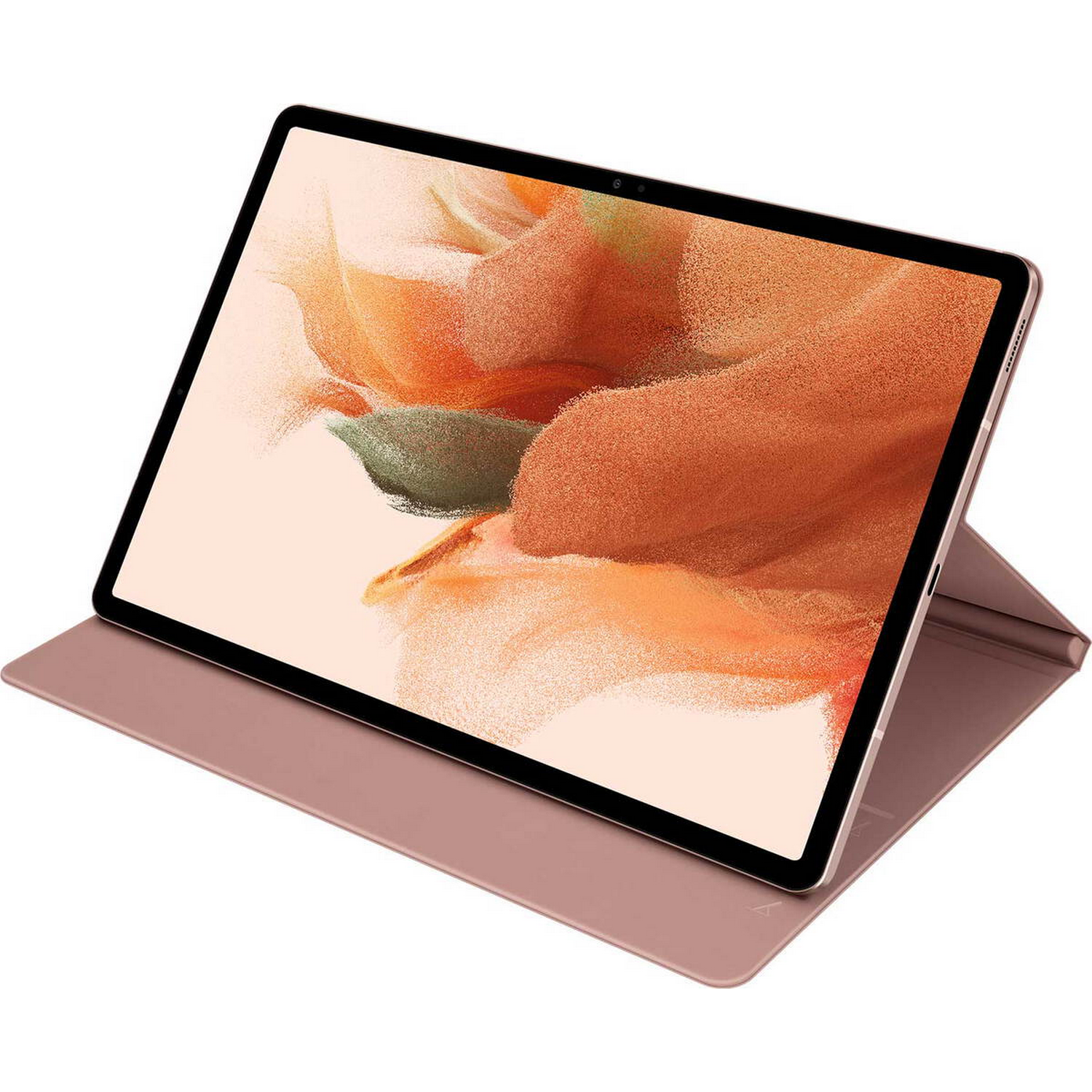 Tableta en una funda rosa, vista en ángulo. La pantalla muestra una imagen. La funda está abierta.