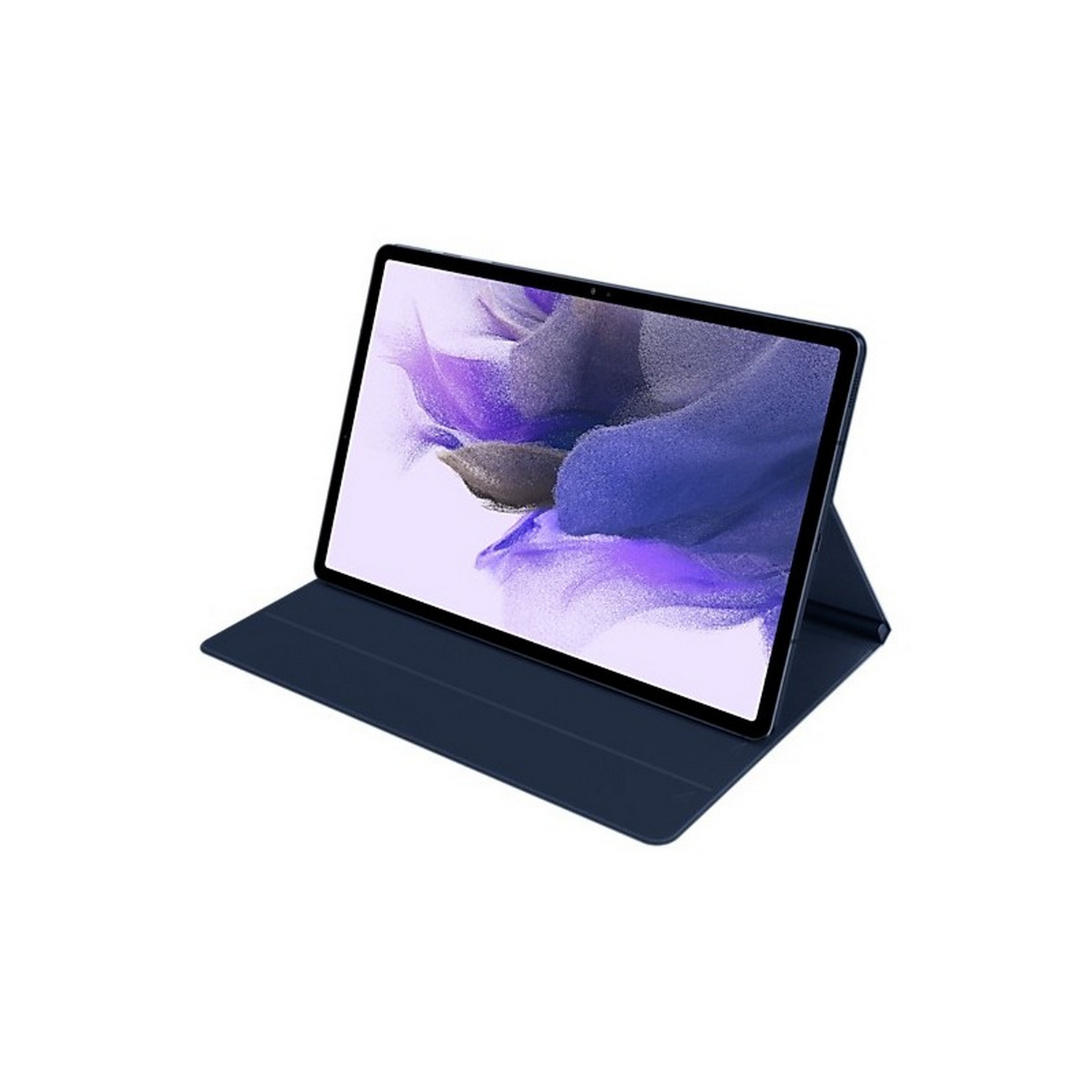 Tableta azul marino con lápiz óptico en funda azul, fondo blanco.