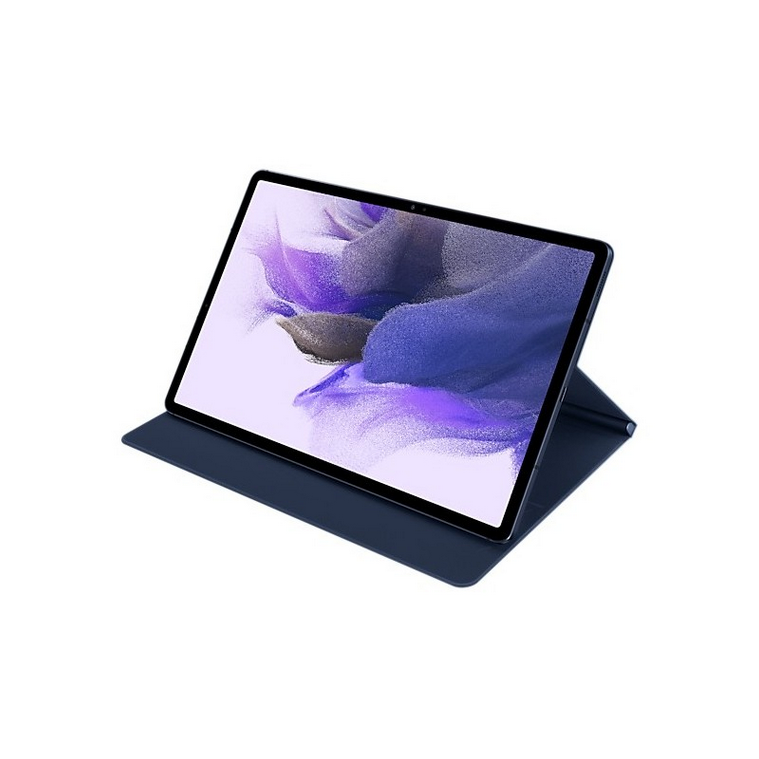Tableta en una funda azul oscuro, vista en ángulo, sobre fondo blanco.