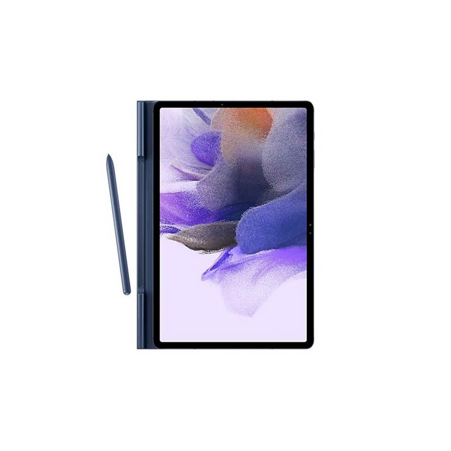 Tableta con un lápiz óptico. La tableta es azul y tiene un fondo colorido, un lápiz óptico descansa a su lado.