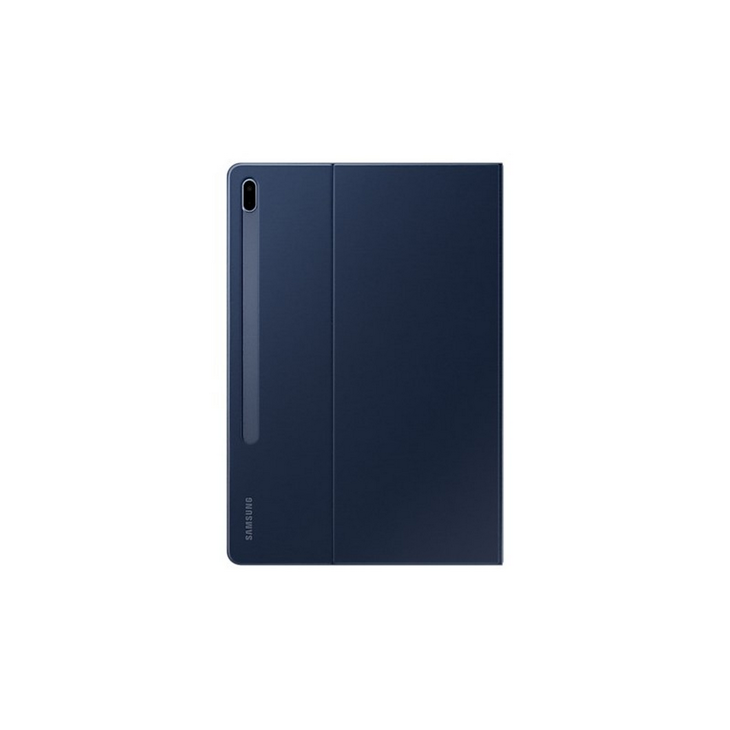 Funda de tableta azul oscuro cerrada. Logotipo de Samsung en la parte inferior.