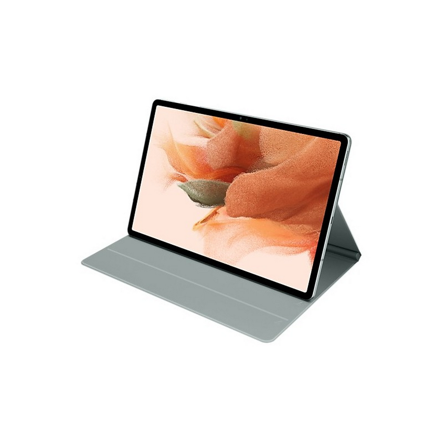 Tableta en una funda gris. La tableta está en la funda gris, con la pantalla hacia arriba, fondo blanco.