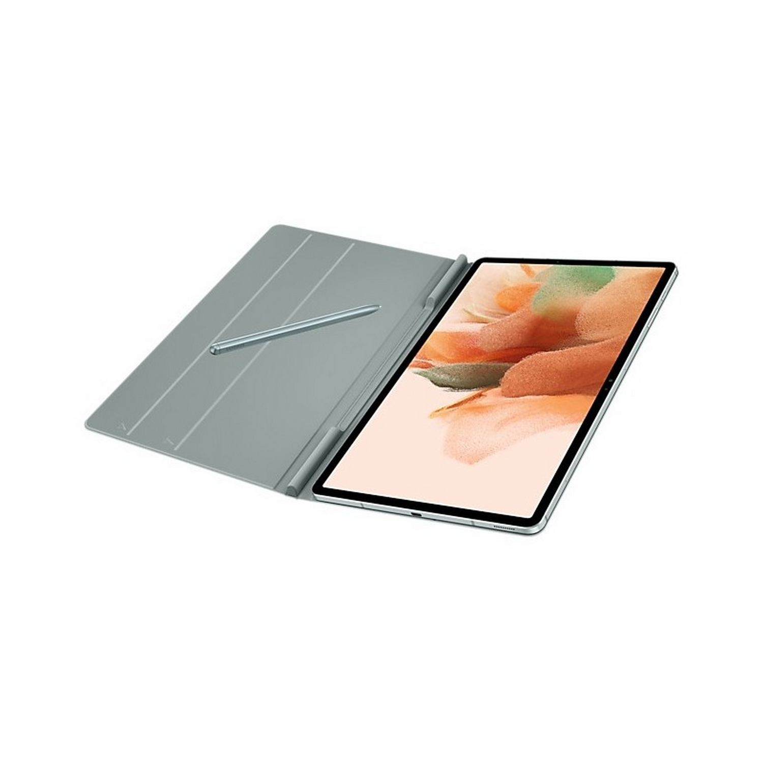 Tableta con funda teclado y lápiz óptico, sobre superficie blanca.