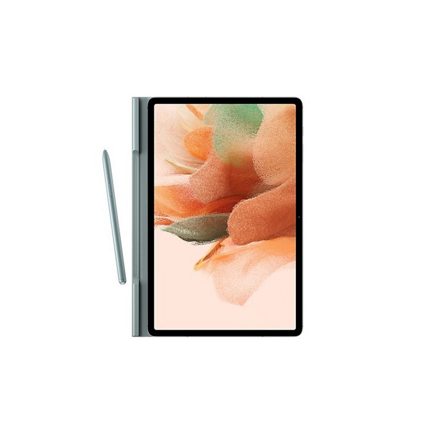 Una tableta con un lápiz óptico al lado. La tableta está en una funda. El fondo muestra arte abstracto.