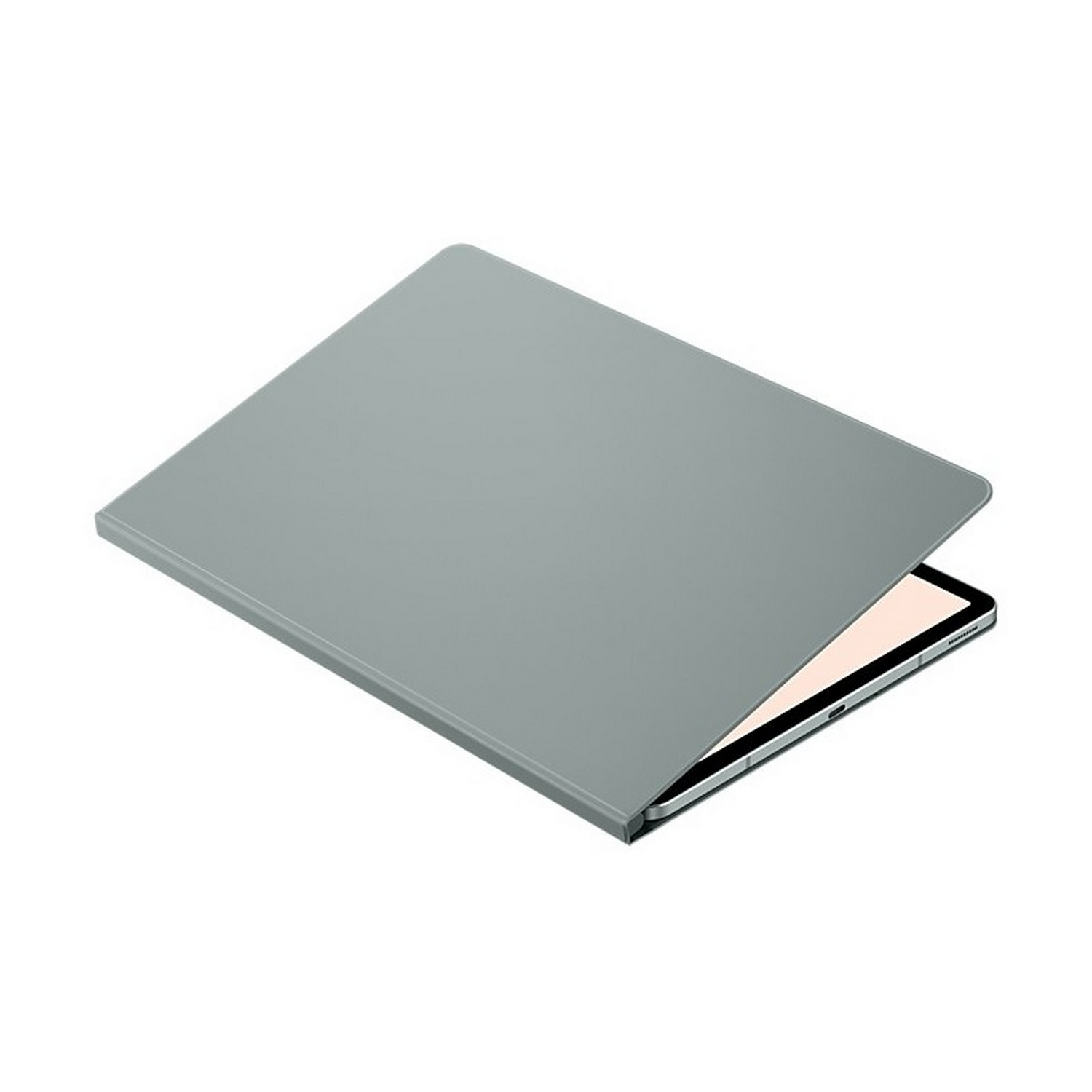 Una tableta gris en una funda, parcialmente abierta.