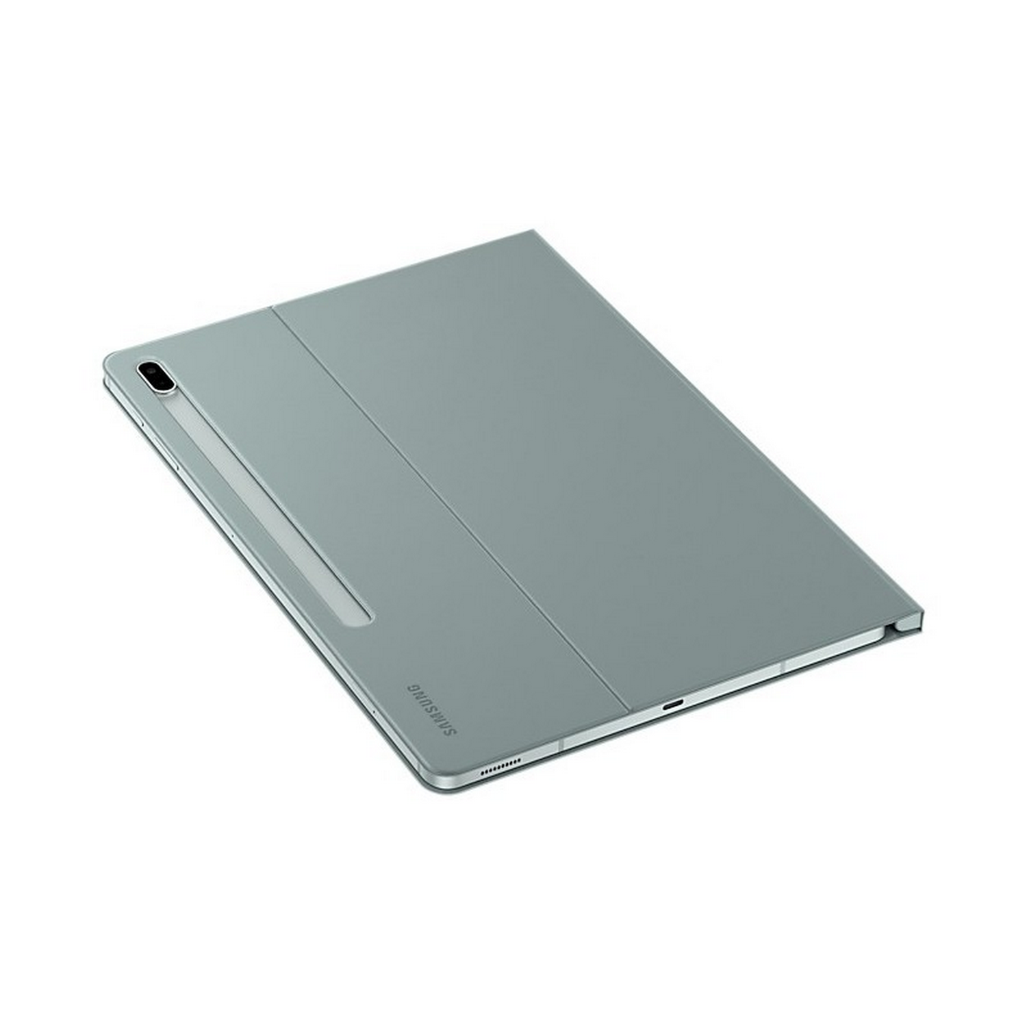 Una tableta plateada con funda, sobre fondo blanco, vista en ángulo.