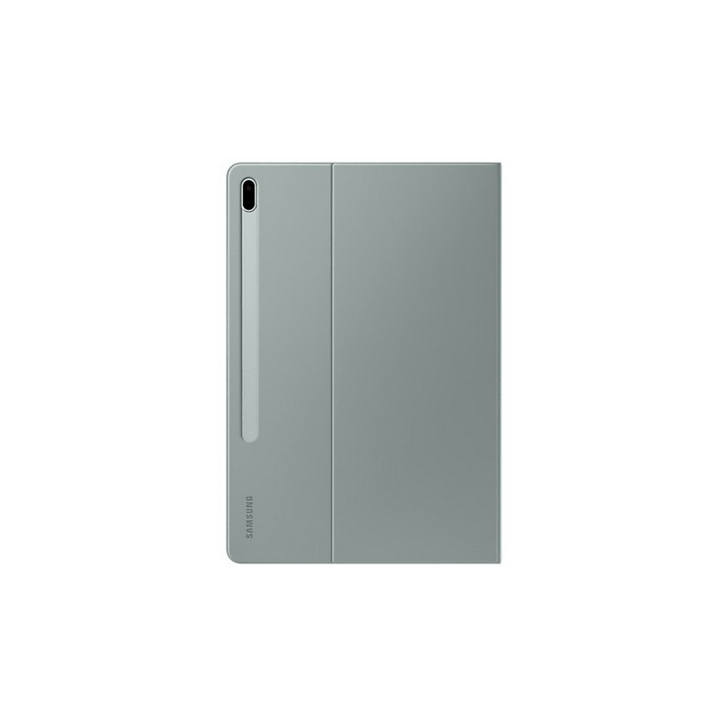 Funda gris para tableta Samsung. La funda está cerrada, mostrando la parte delantera con ranura para lápiz.