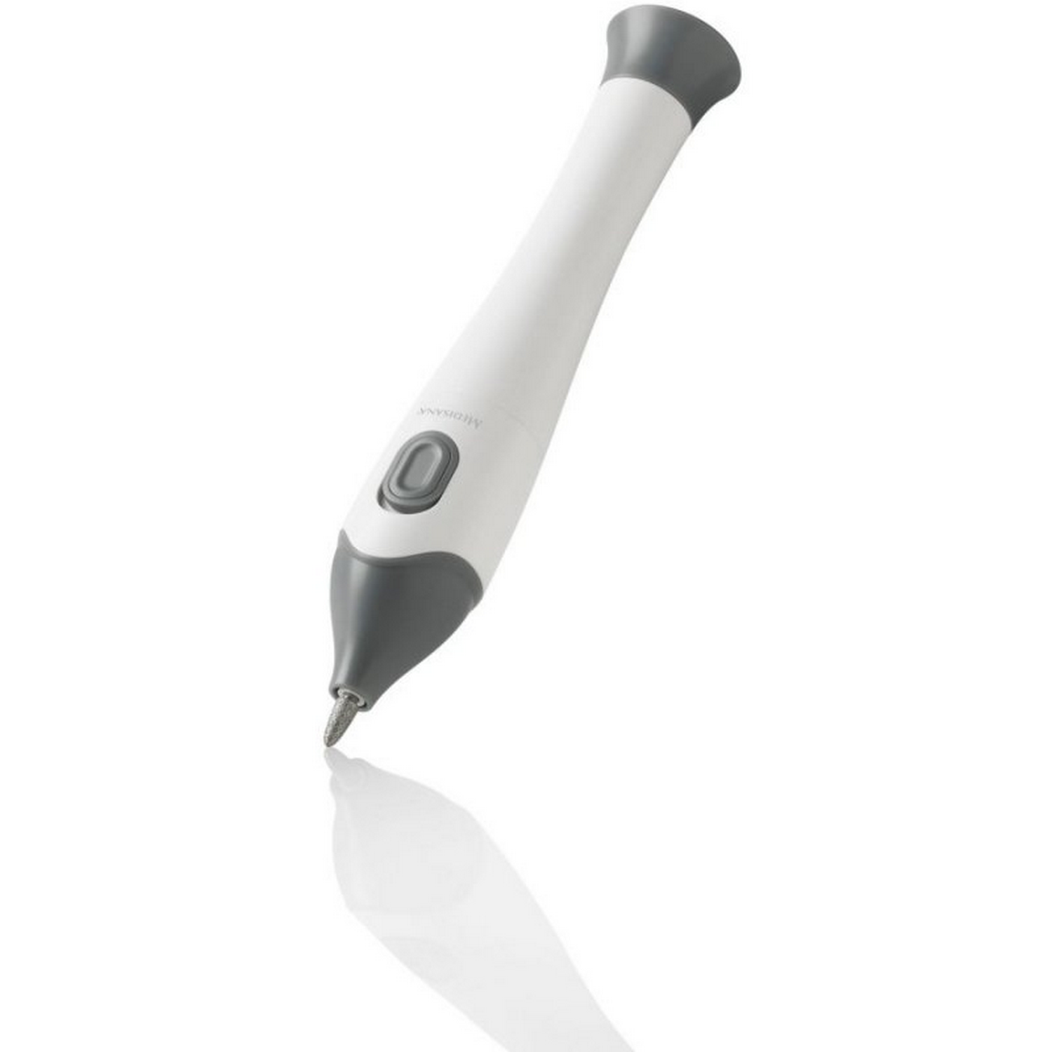 Lápiz de taladro de uñas blanco y gris. Tiene una punta gris y un botón con dial en el cuerpo.