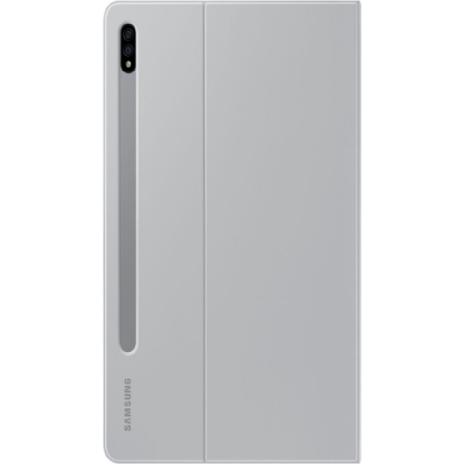 Funda de tableta Samsung gris claro, abierta, con soporte para lápiz y nombre de la marca.