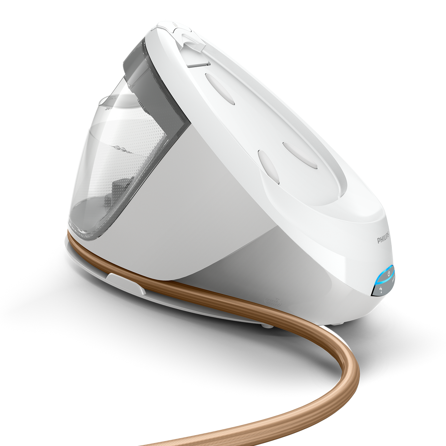 Een witte en grijze Philips kledingstomer met een bruin snoer.