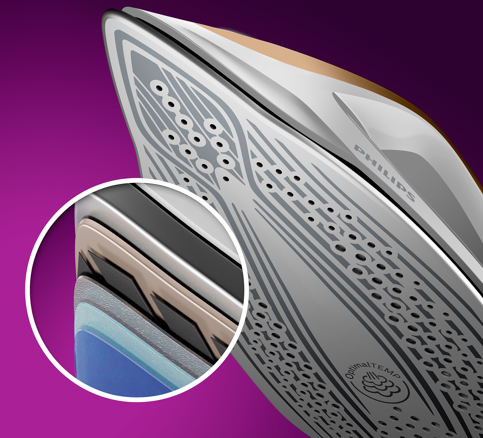 Close-up van een strijkzool met materiaallagen, met OptimalTEMP-technologie.