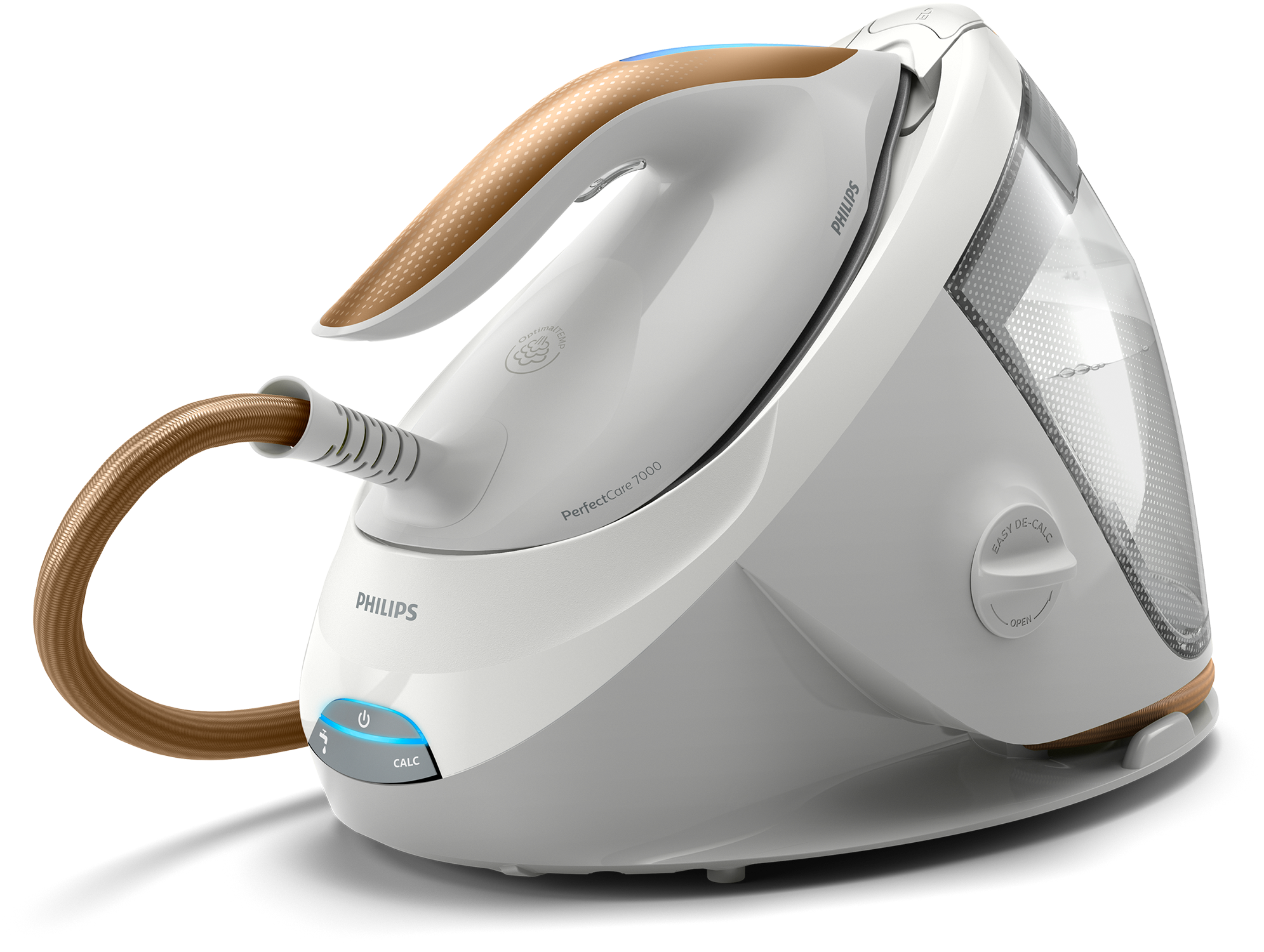 Een wit en goud Philips stoomstrijkijzer met een bruin snoer, schuin op een zwart oppervlak.