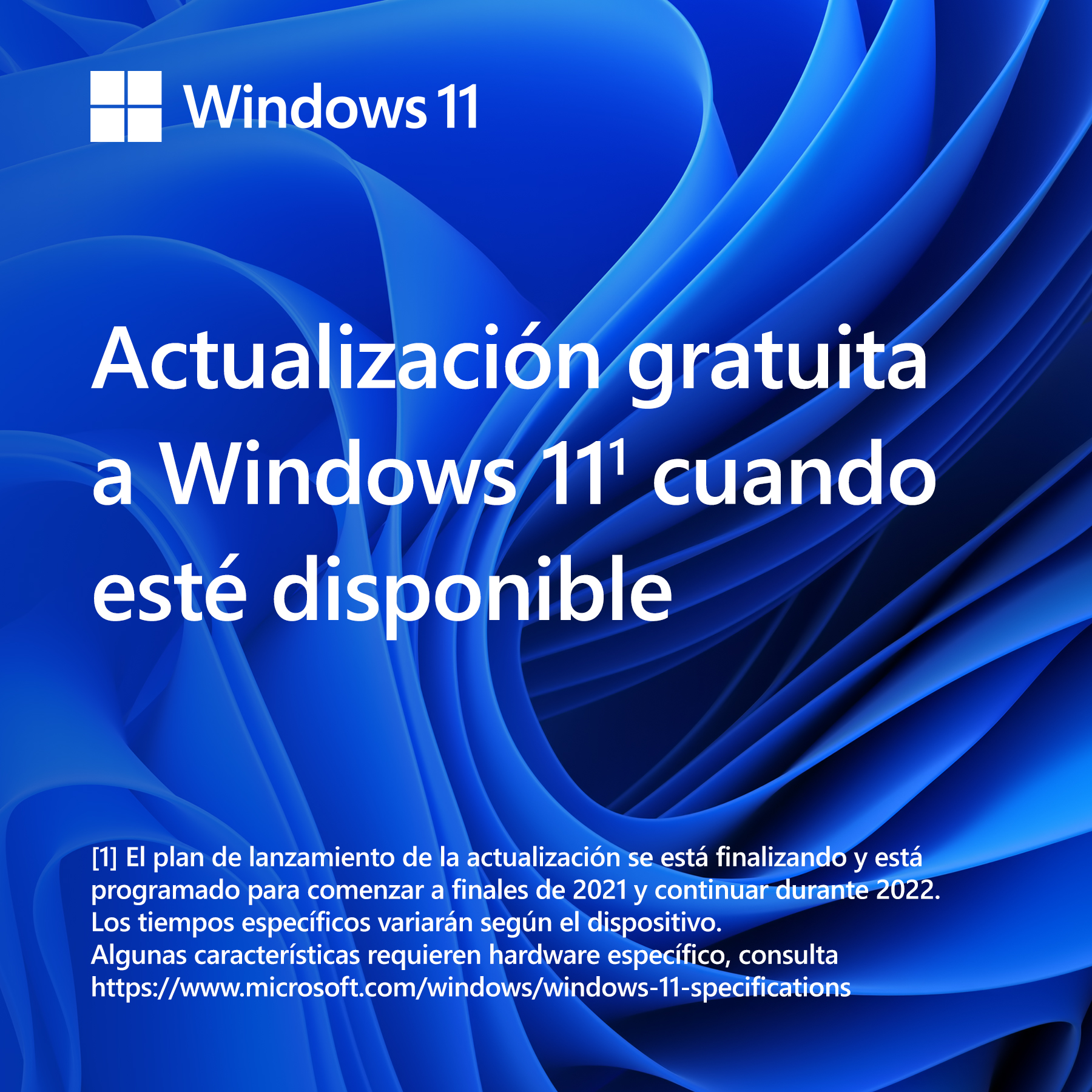 Promoción de Windows 11 con fondo azul abstracto y texto en español sobre actualización gratuita.