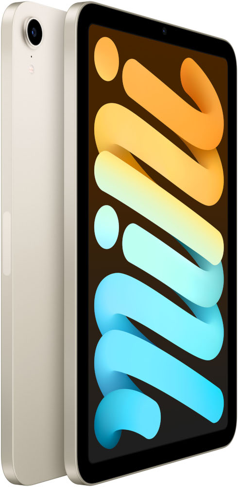 Tablette avec écran affichant des couleurs. Vue latérale montrant caméra et bouton marche/arrêt. Beige.
