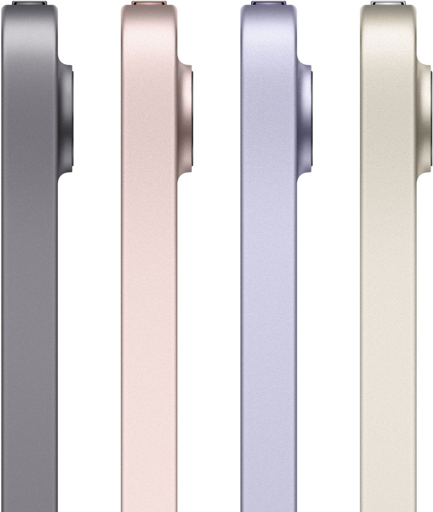 Vue latérale de quatre iPad de différentes couleurs : gris, rose, violet et crème.
