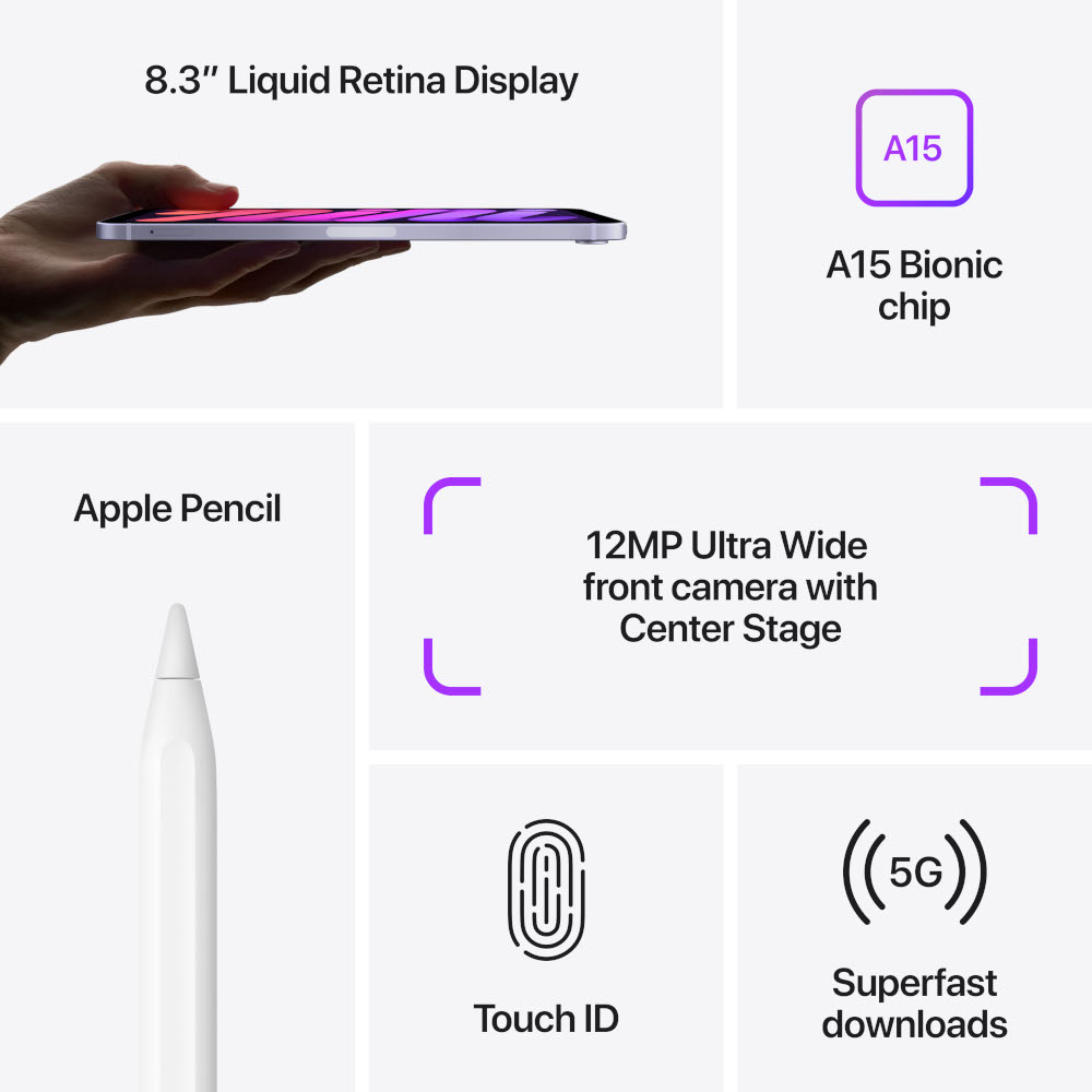 Un iPad avec un stylet et des fonctionnalités. Puce A15, téléchargements 5G, Touch ID et caméra 12MP sont montrés.